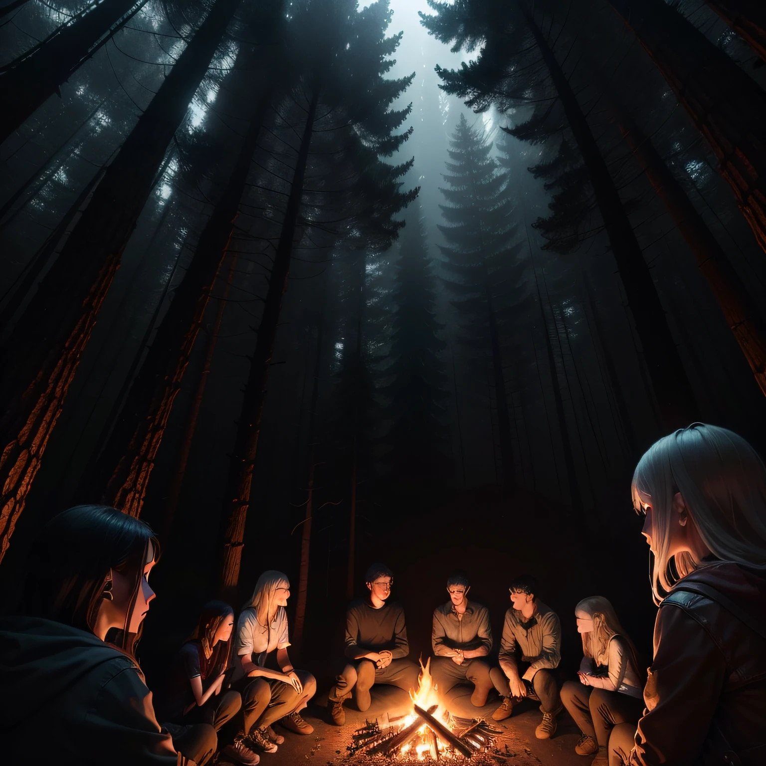 In the darkness of the night of the deep woods, A group of teenagers is gathered in a circle, roasting mashmelows under the light of a single campfire in the center, no restante da floresta, you can only see the silhouette of the trees, because of the darkness. Bonfire light enhances epic photorealistic composition, criando uma atmosfera misteriosa. This art draws inspiration from Gnostic themes and evokes the images of horror film fields.