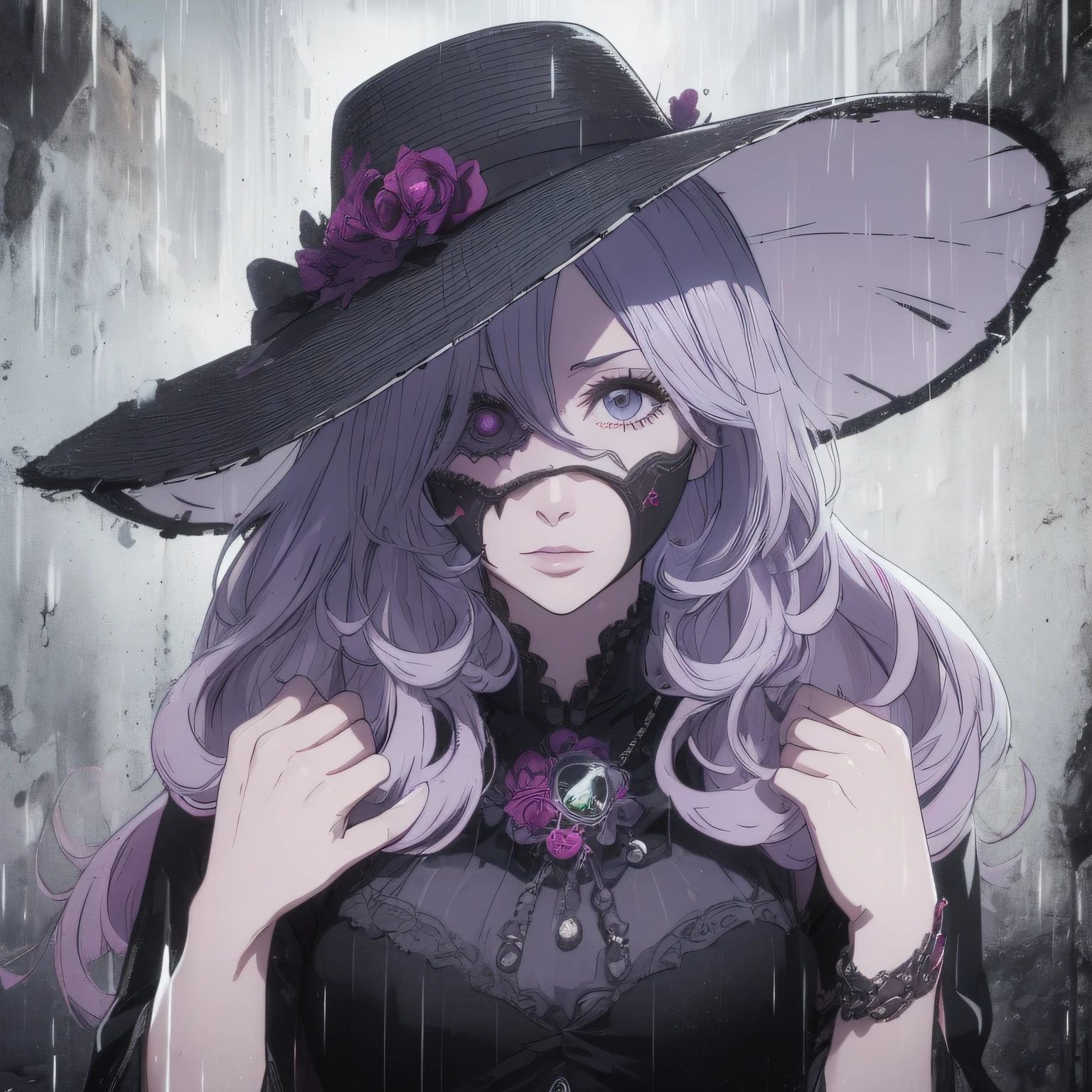 a woman wearing a bizarre mask covering her entire face, a monocle, black gothic dress, guarda chuva roxo, wide-brimmed hat, sombrio, cinematic lighthing, Epic composition, extremamente detalhado.