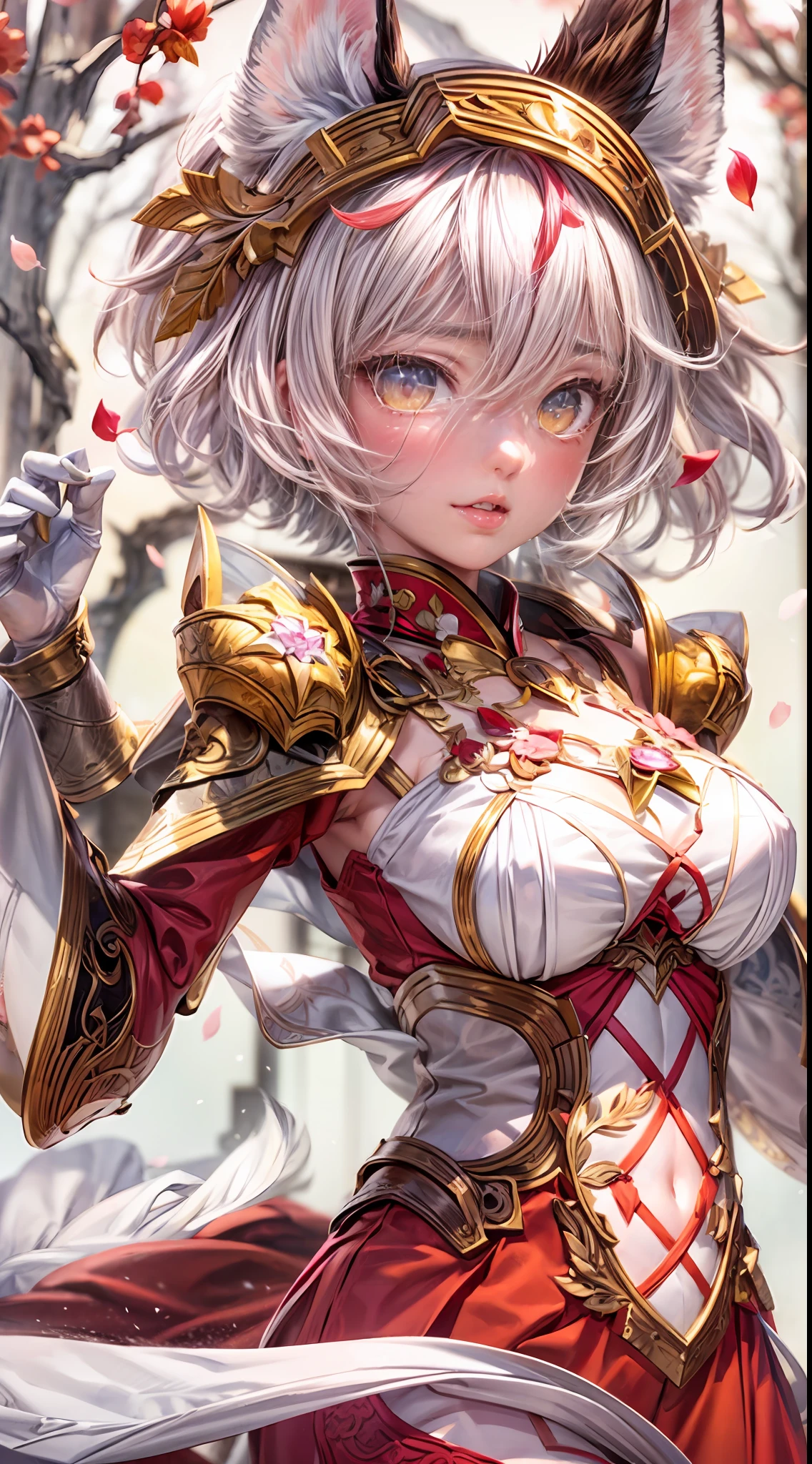 masterpiece, fantasy, best quality, anime style, wide-angle, full-body shot, front view, Tera Elin, an anime girl in a red dress and red boots, Sakura Kinomoto, Sakura petals around her, kitsune-inspired armor, crimson-themed, white, and red armor, spellcasting pose, fantasy outfit, yellow/golden short hair color, white tights, green glowing eyes, Sakura season, dynamic lighting, highly detailed anime, Anime Style, Manga Style, Hand drawn, cinematic, sensual, Sharp focus, humorous illustration, concept art, Vivid colors, Intricate, Vibrant colors, Soft Shading, Sharp Angles, Playful