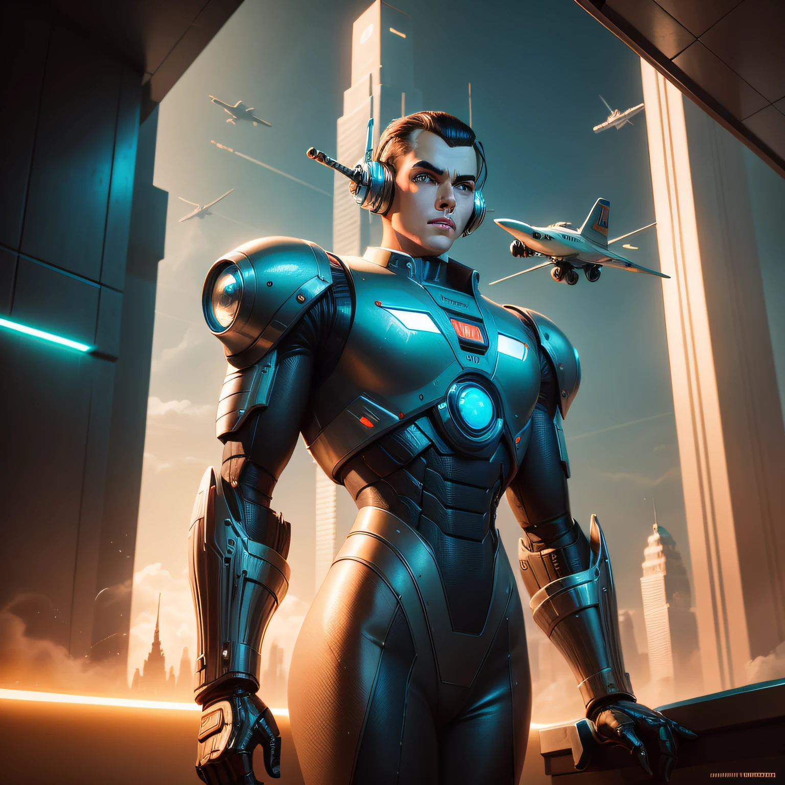 "Create a image with a retro-futuristic style. Use science fiction elements from the 1950s and 1960s, such as robots, flying cars, and futuristic skyscrapers."