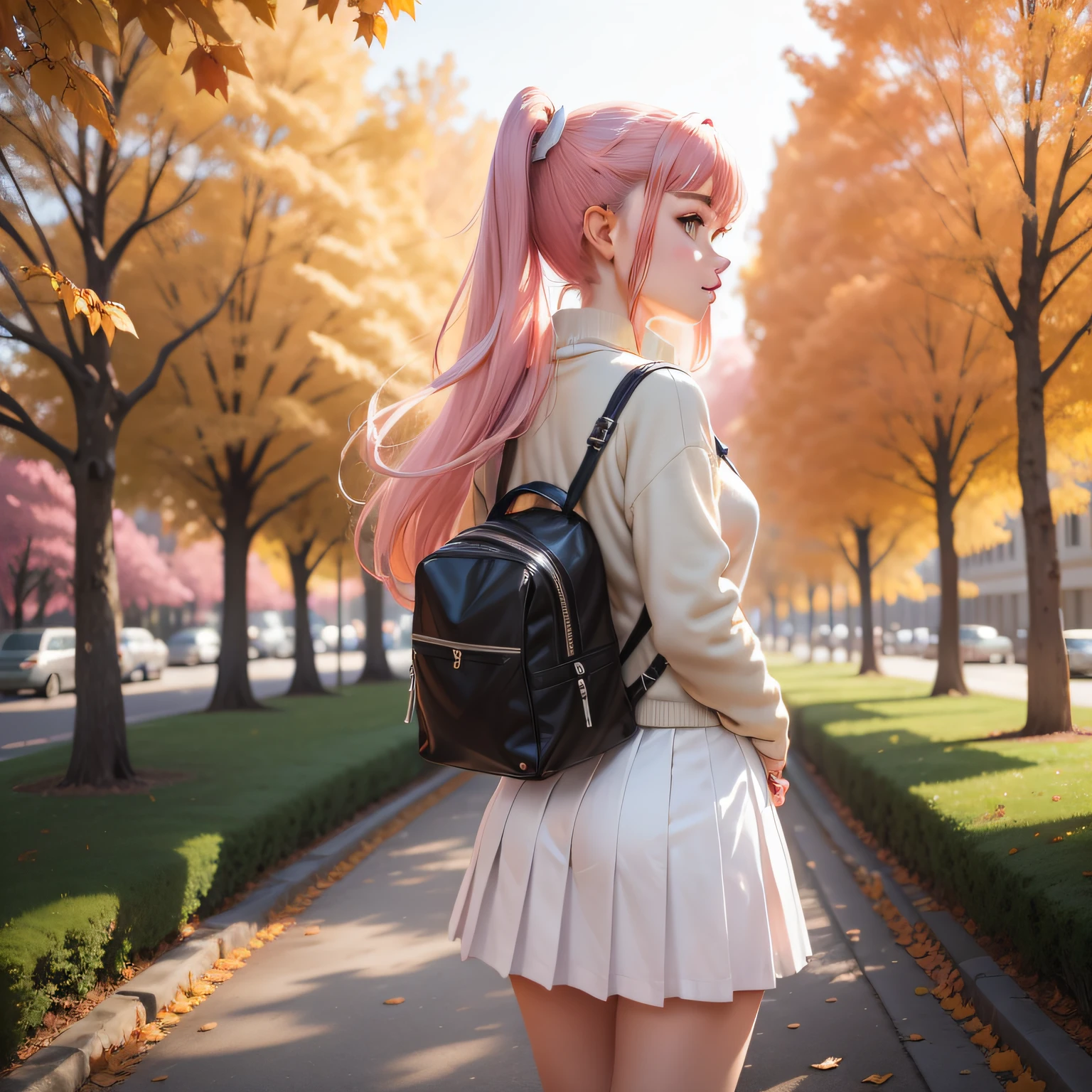 Two-dimensional female high school student,High ponytail,white skirt,On the path,plane trees,Autumn noon,A pink-haired