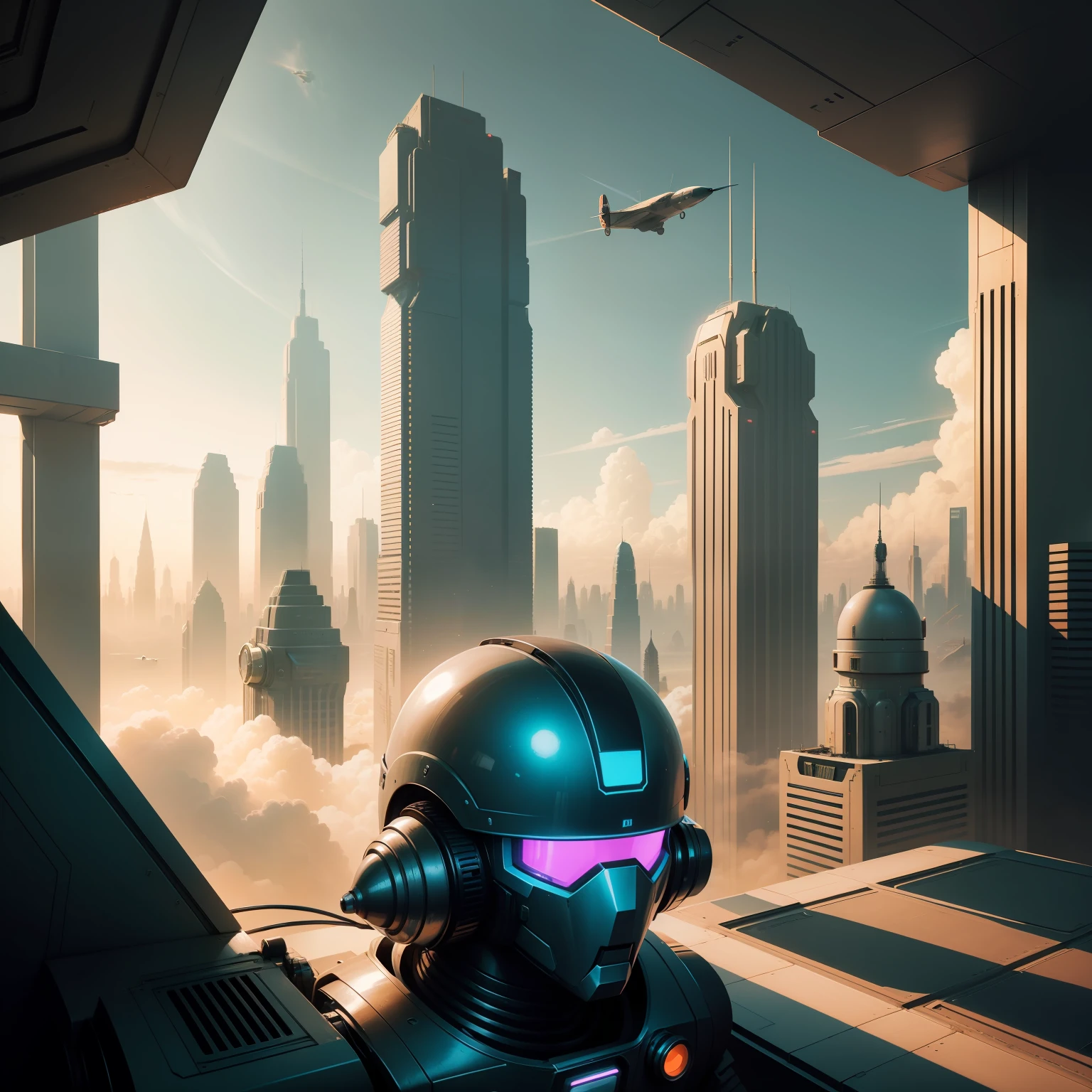 "Create a image with a retro-futuristic style. Use science fiction elements from the 1950s and 1960s, such as robots, flying cars, and futuristic skyscrapers."