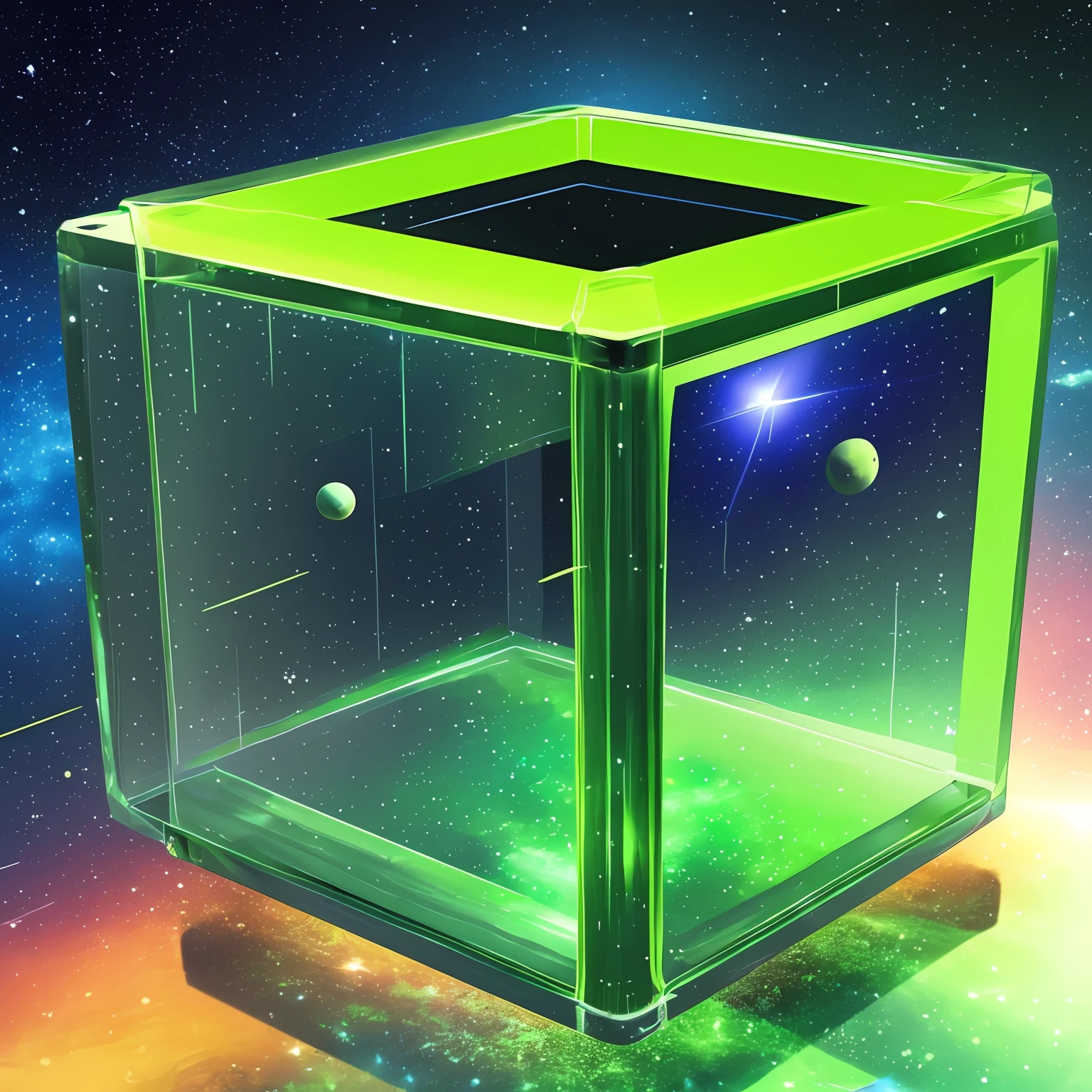 Transparent and bright green cube in space, outspace, epics, best quality, super detailed. --auto