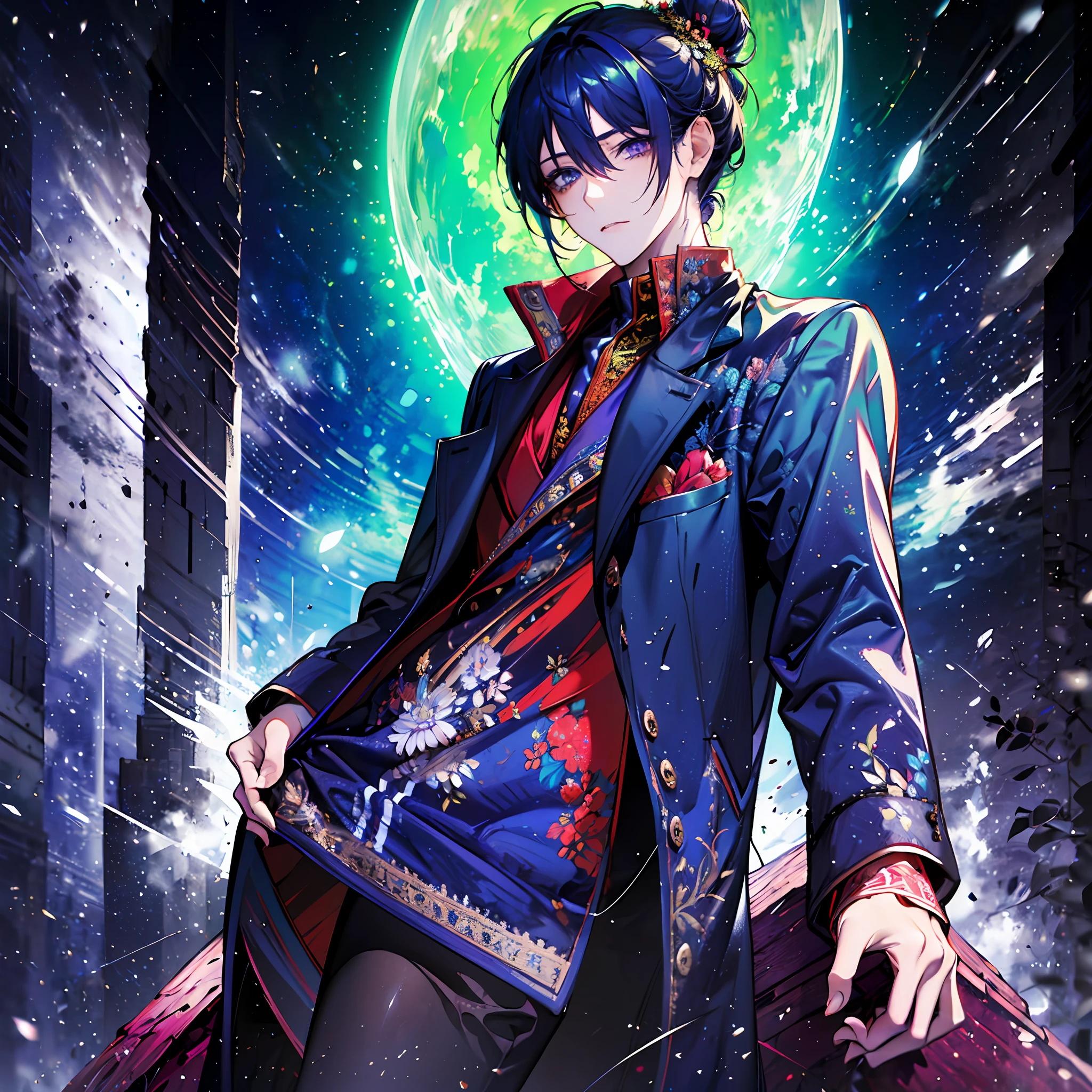 (absurdres, highres, ultra detailed),(Masterpiece, best quality:1.2),Anime boy, relaxed,slim, wearing a blue and red jacket,man bun hairstyle, extremely detailed eyes, purple and gold eyes, extremely handsome,tall,