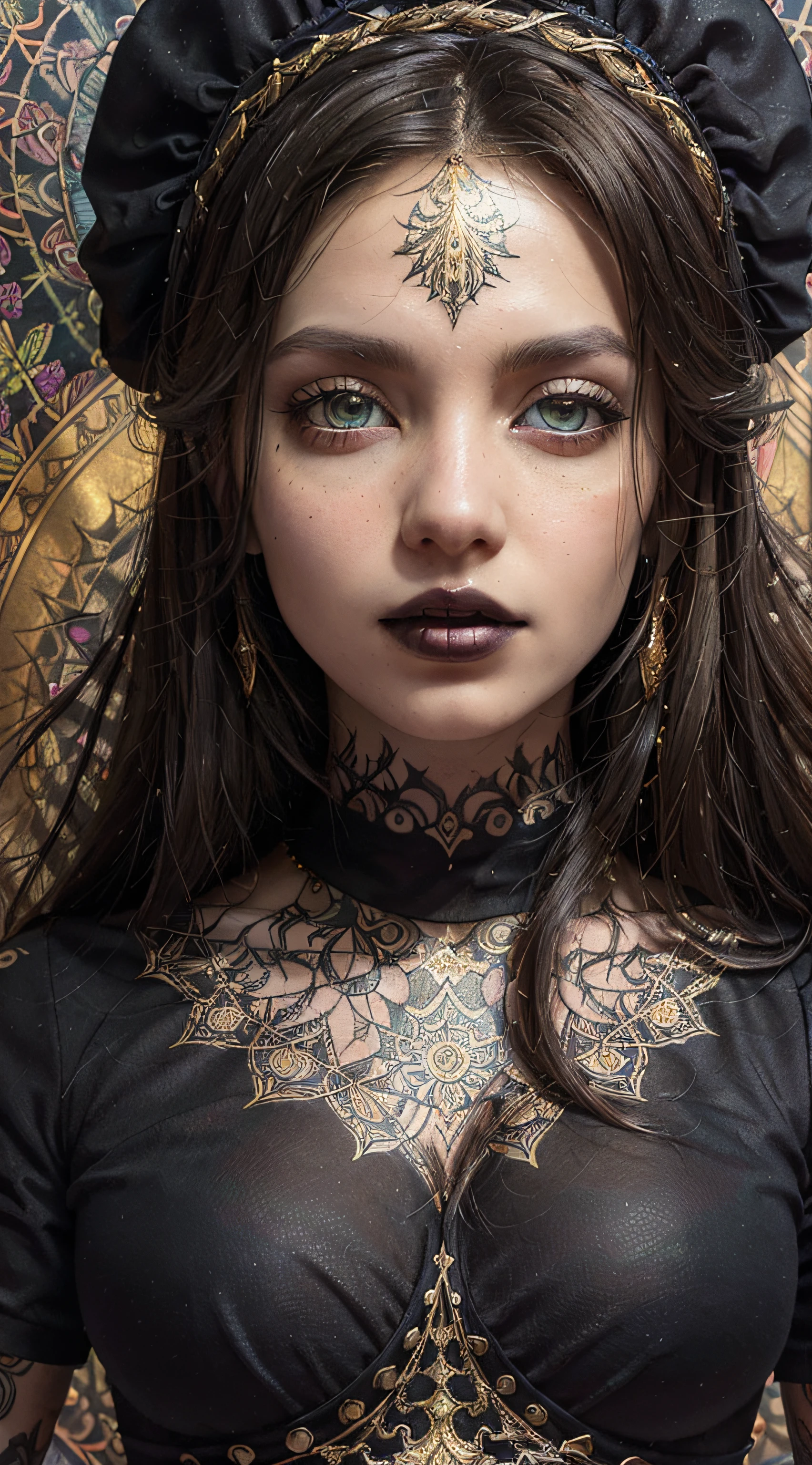 (masterpiece, top quality, best quality, official art, beautiful and aesthetic:1.2), (1girl), perfect body, eyes that radiate brightness, long black hair with small golden highlights, ((hyperdetailed dress)),((aesthetic style clothing with gothic style details)), aesthetic style tattoos exclusively on the arms, extreme detailed, colorful, highest detailed, official art, unity 8k, wallpaper, ultra detailed, beautiful and aesthetic, (in background a zentangle, mandala, tangle, entangle) ,holy light, gold foil, gold leaf art, glitter drawing,