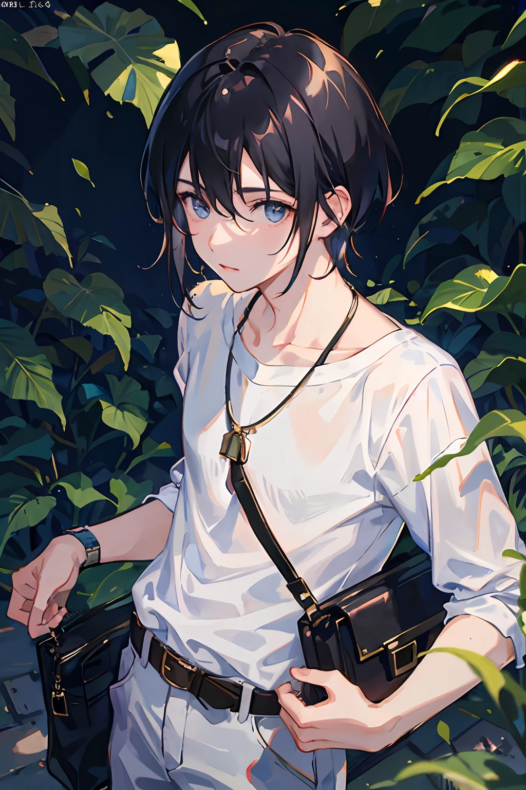 1boy, apple, bag, bangs, berry, black hair, black shirt, blue eyes, hair between eyes, jewelry, leaf, looking at viewer, male focus, necklace, pants, shirt, solo, watch, white pants, wristwatch, messy hair, trending on artstation, 8k resolution, highly detailed, anatomically correct, sharp image, digital painting, concept art, trending on pixiv, style of makoto shinkai,