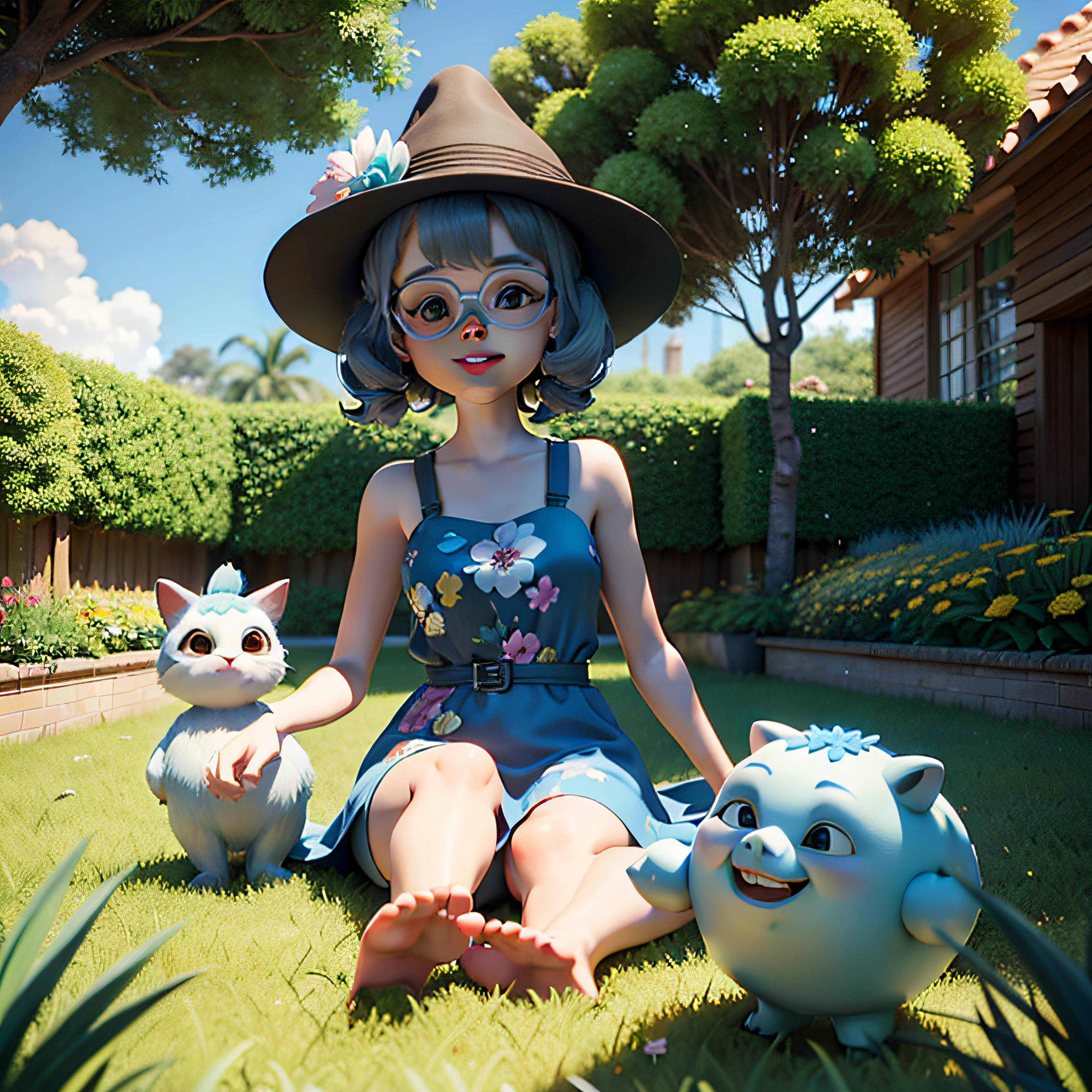 pixar 3d, sentada no jardim com flores e borboletas