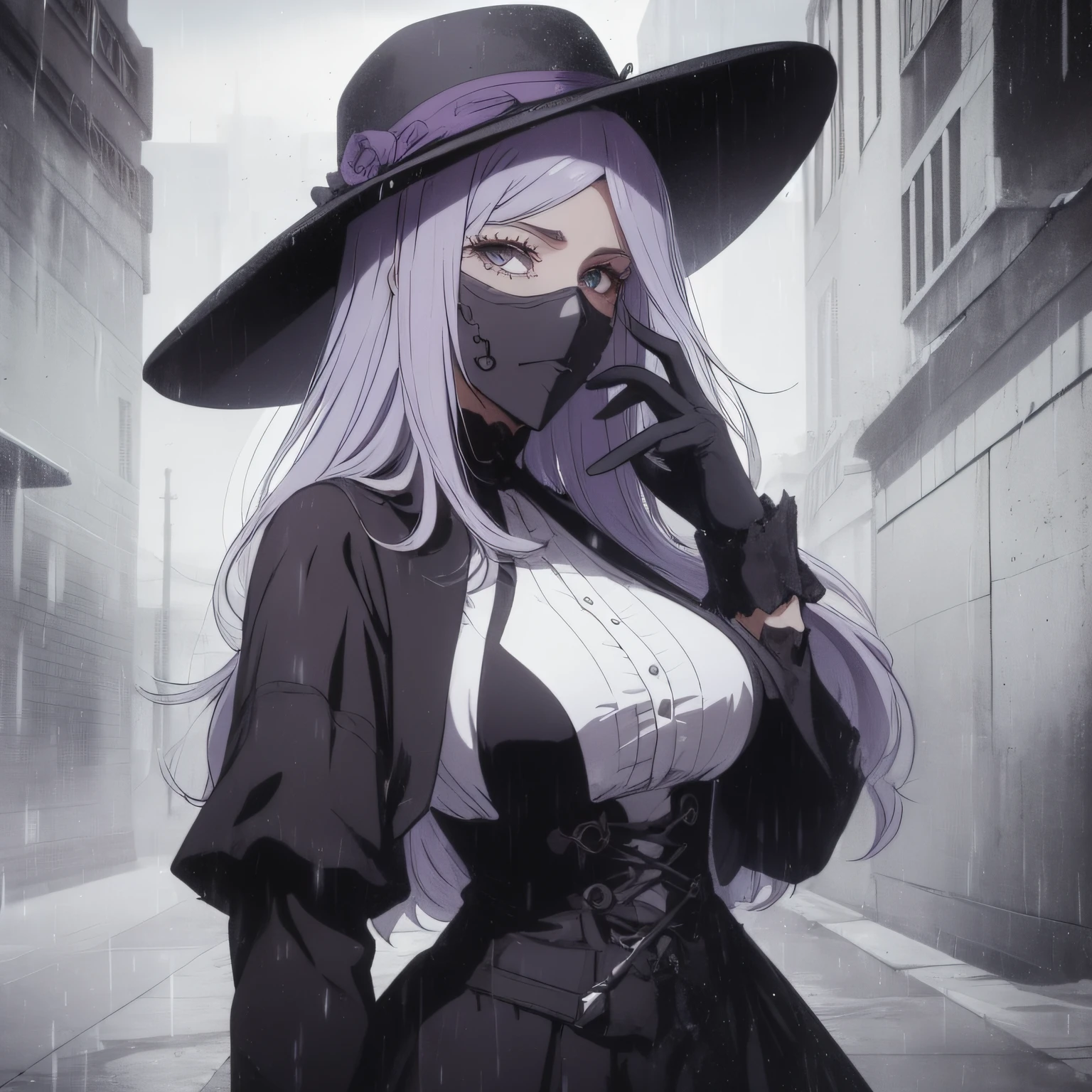a woman wearing a bizarre mask covering her entire face, a monocle, black gothic dress, guarda chuva roxo, wide-brimmed hat, sombrio, cinematic lighthing, Epic composition, extremamente detalhado.