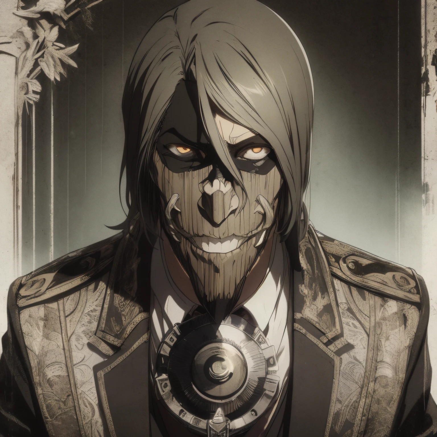 a man wearing a bizarre mask covering his entire face, a monocle, terno preto risca giz, gravata borboleta roxa, cartola preta com pena, alto e magro, sombrio, cinematic lighthing, Epic composition, extremamente detalhado.