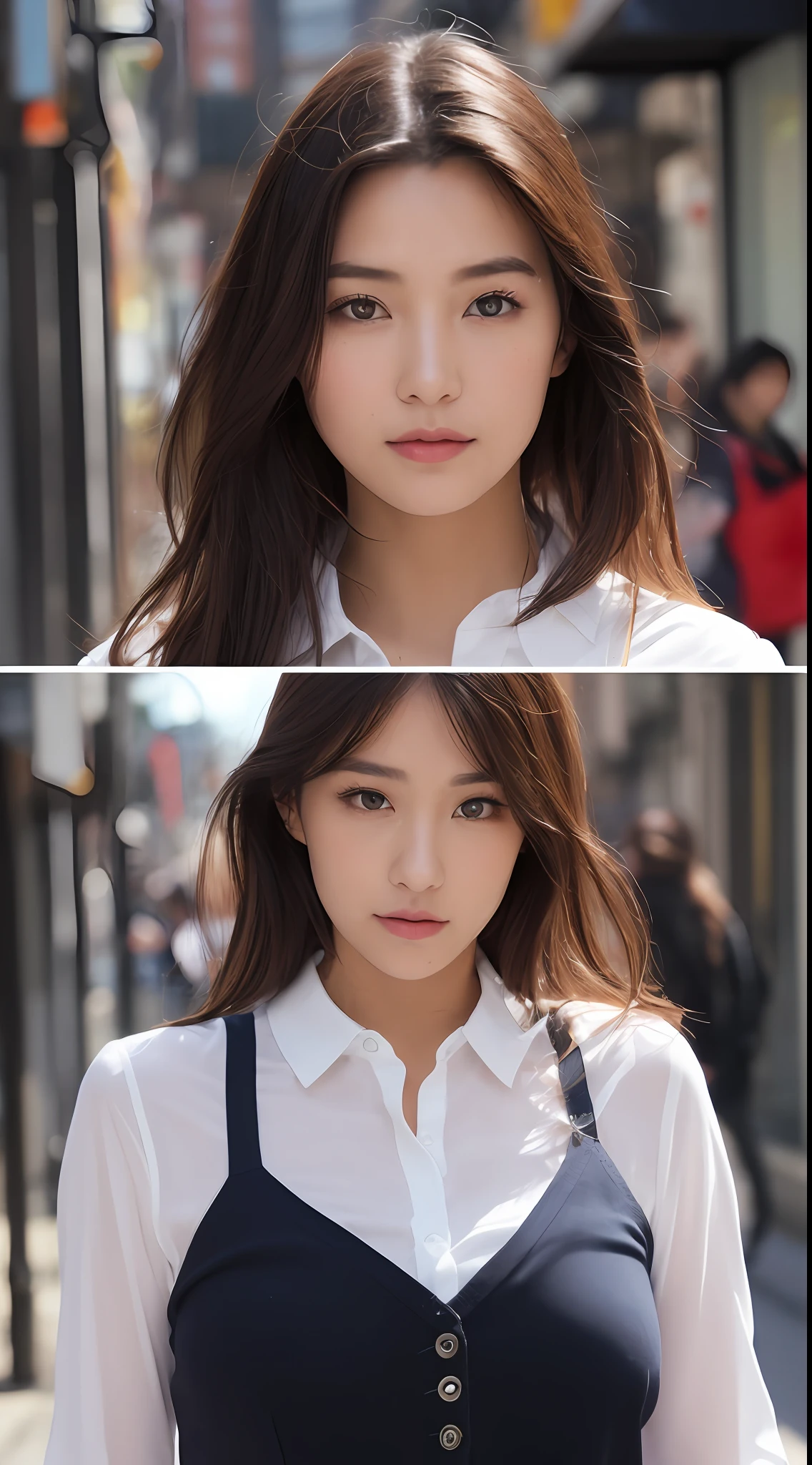 ((best qualtiy, 8K, tmasterpiece:1.3)), Sharp:1.2, perfect figure beautiful woman:1.4, Slim abs:1.2, ((Layered Hair Style, huge tit:1.2)), (Long shirt with wet white buttons：1.1），（Sateen，the street：1.2），Get wet：1.5，Highly detailed facial and skin texture，A detailed eye，二重まぶた，looks into camera，glute:1.2，