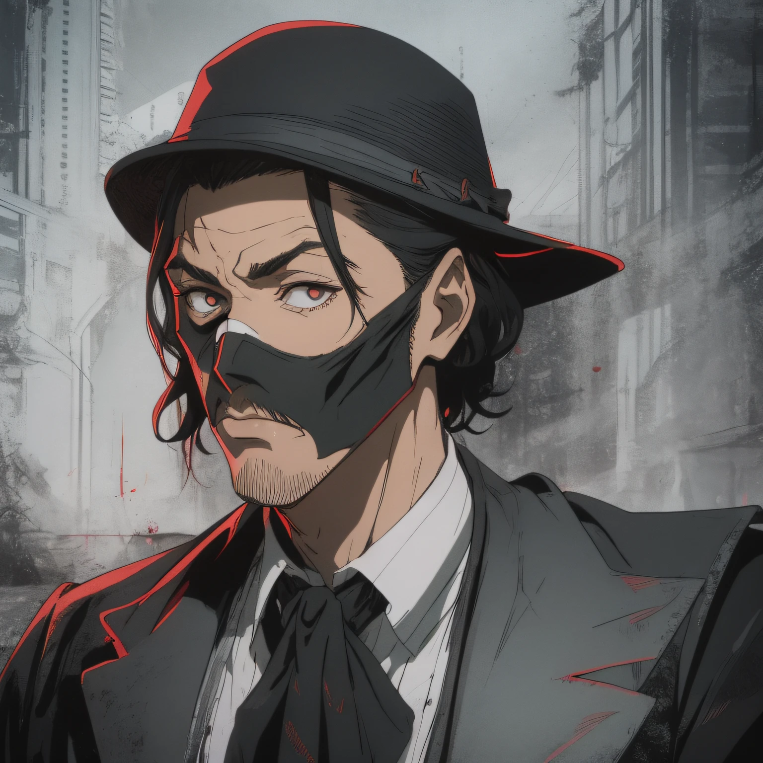 a man wearing a bizarre mask, a monocle, terno preto risca giz, gravata borboleta roxa, cartola preta com pena, alto e magro, sombrio, cinematic lighthing, Epic composition, extremamente detalhado.