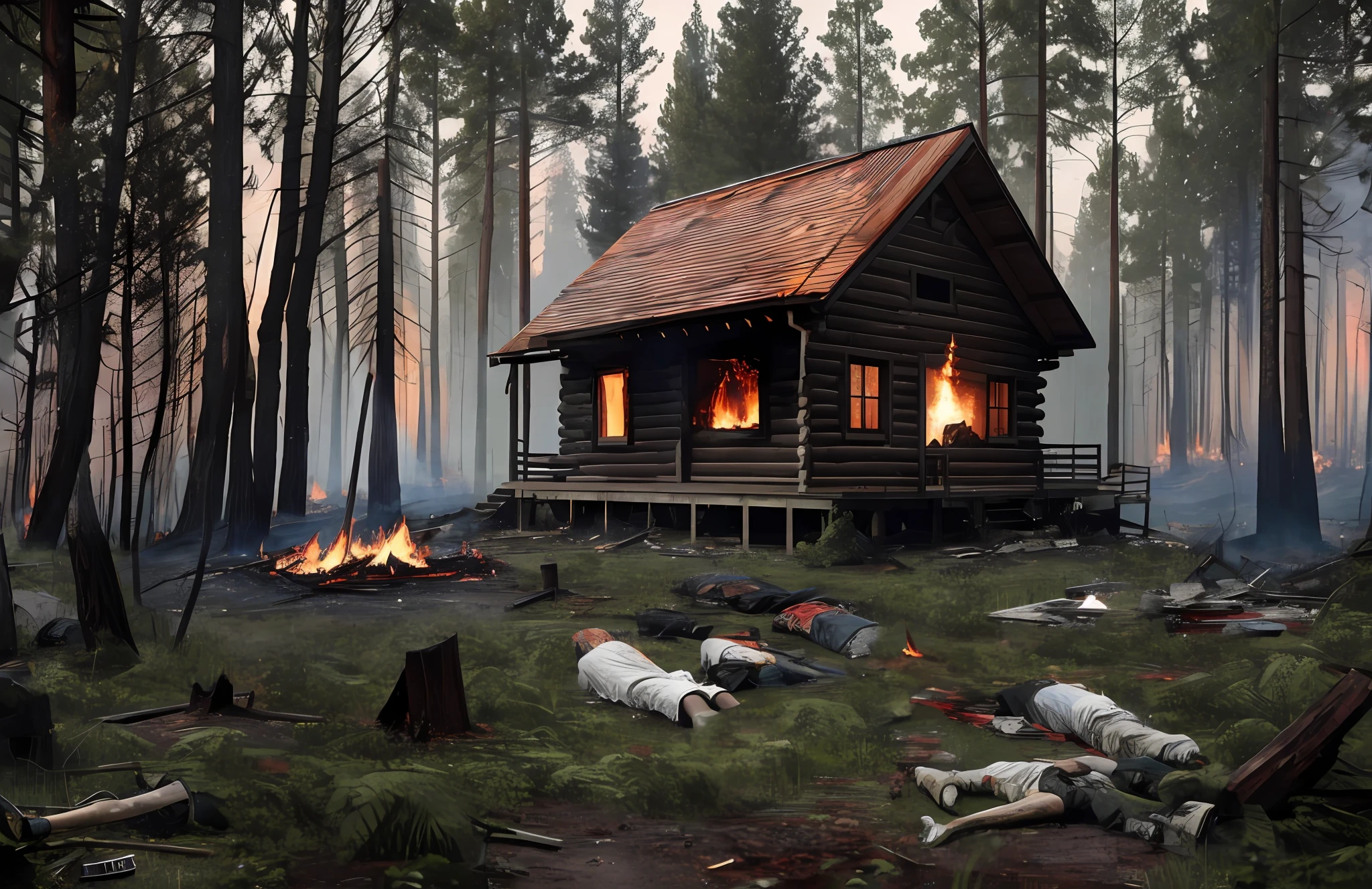 Add more fire burning the ground and the cabin