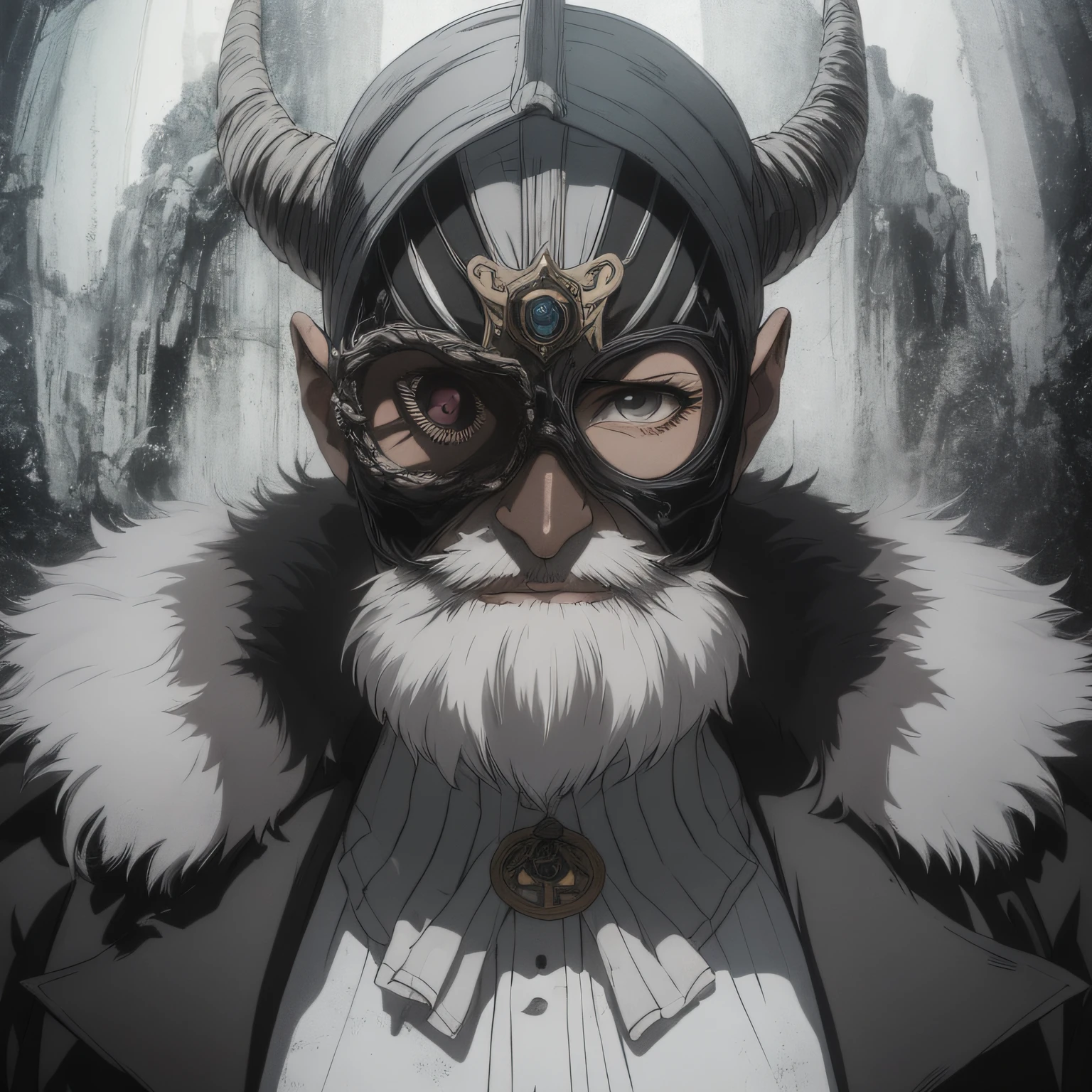 a man wearing a bizarre mask, a monocle, terno preto risca giz, gravata borboleta roxa, cartola preta com pena, alto e magro, sombrio, cinematic lighthing, Epic composition, extremamente detalhado.