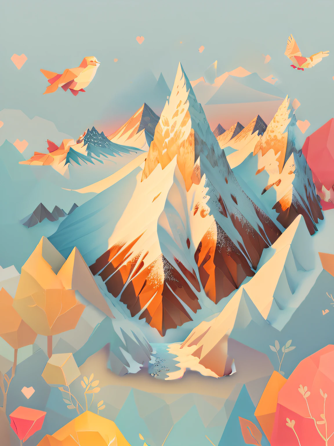There is a snowy mountain in the middle,High hills, low polygons illustration, low-poly digital art, super detailed color lowpoly art, low poly art, 2 d low polygon art, low polygon effect, low poly graphics, low poly vector illustration, low poly, low - poly, low polygon, Low poly style