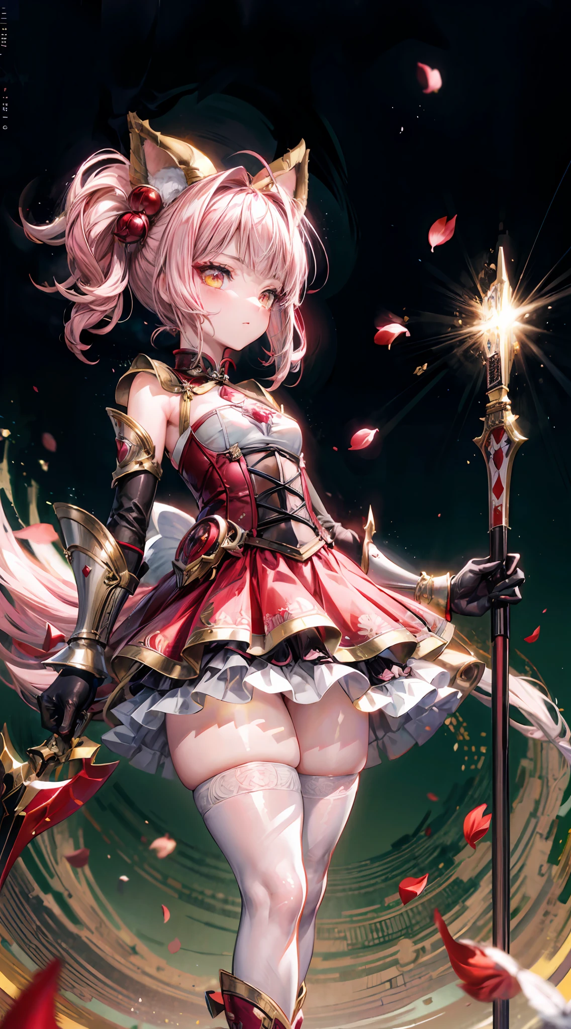 masterpiece, fantasy, best quality, anime style, wide-angle, full-body shot, front view, Tera Elin, an anime girl in a red dress and red boots, Sakura Kinomoto, Sakura petals around her, kitsune-inspired armor, crimson-themed, white, and red armor, spellcasting pose, fantasy outfit, yellow/golden short hair color, white tights, green glowing eyes, Sakura season, dynamic lighting, highly detailed anime, Anime Style, Manga Style, Hand drawn, cinematic, sensual, Sharp focus, humorous illustration, concept art, Vivid colors, Intricate, Vibrant colors, Soft Shading, Sharp Angles, Playful