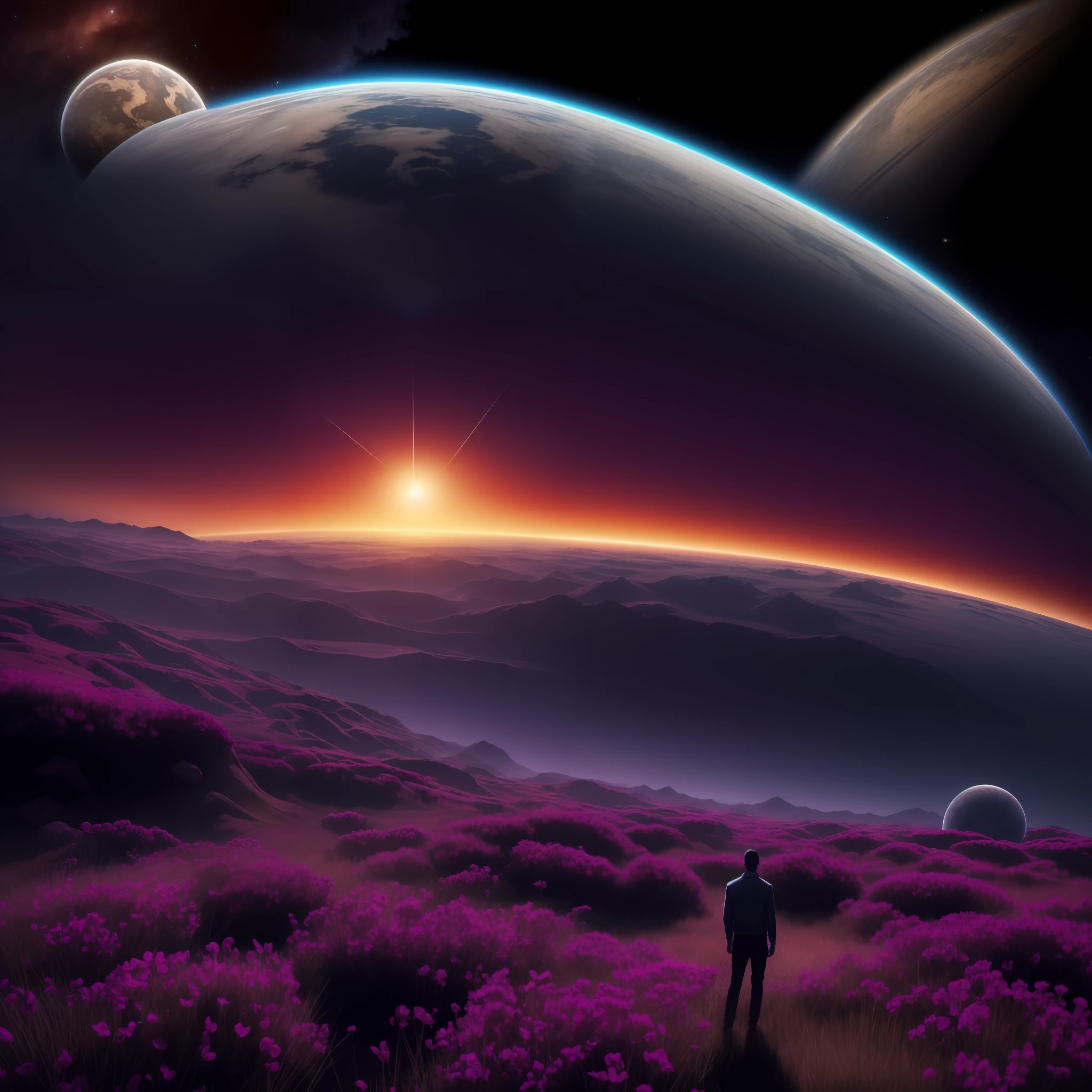 purple planet with a man standing in front of it, Planeta violeta, album cover concept art, Arte Oficial, colored album art, music album art, visuais de outro mundo, Travis Scott voando sobre a Terra, Obra-prima de Beeple, Epic album cover, Beeple e Jeremias Ketner, Epic Music album cover, heaven planet in background