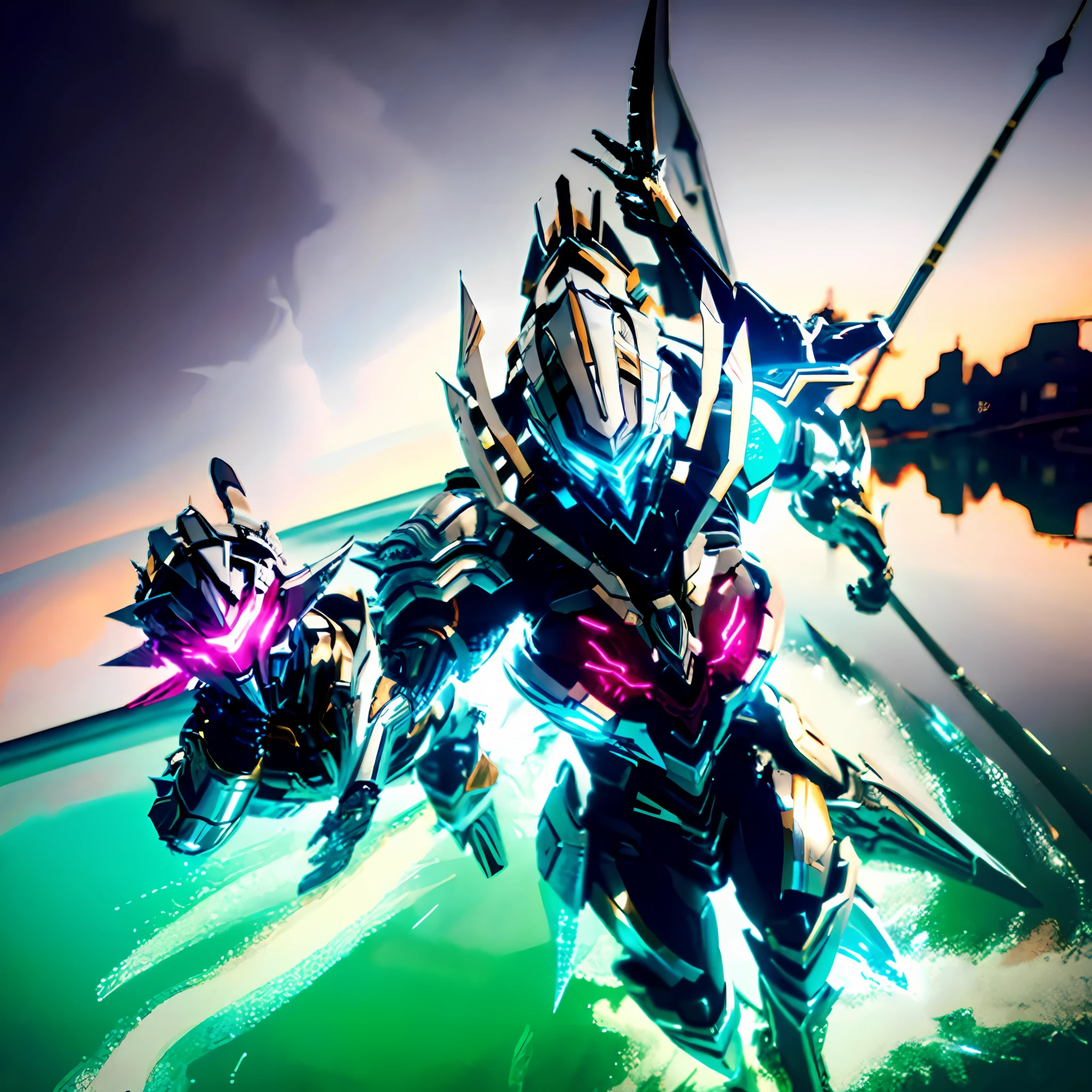 There is a robot flying over a body of water, sliver ice color reflected armor, detailed warframe, warframe armor, warframe armor!!, warframe infested art, cybernetic flame armor, battle armor, intricate assasin mecha armor, sharp silver armor fuchsia skin, warframe destiny, warframe hound, Chrome armor