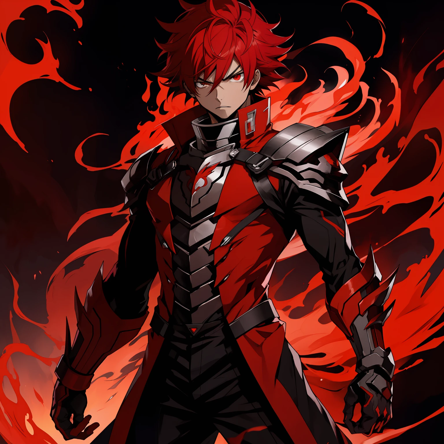 personagem de anime com cabelo vermelho e uma capa vermelha, cara bonito na de boku no hero, fire!! corpo inteiro, arte detalhada do personagem de anime, fire behind him, badass anime 8 k, epic exquisite character art, Arte Zerochan, crimson fire head, terno armadura cor de sangue, estilo anime como destino/noite de estadia, personagem de anime masculino, armadura vermelha