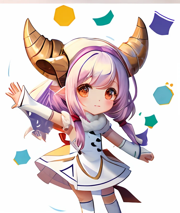 One was dressed in white，Cartoon girl with goat's horns on her head, inspired by Wuzhun Shifan, Ruan cute vtuber,  With horns, full body mascot, goats, Wear an Aries dress, character art of maple story, Cute girl,  Cute cartoon, MapleStory, Sheep in dresses, Cute cartoon character