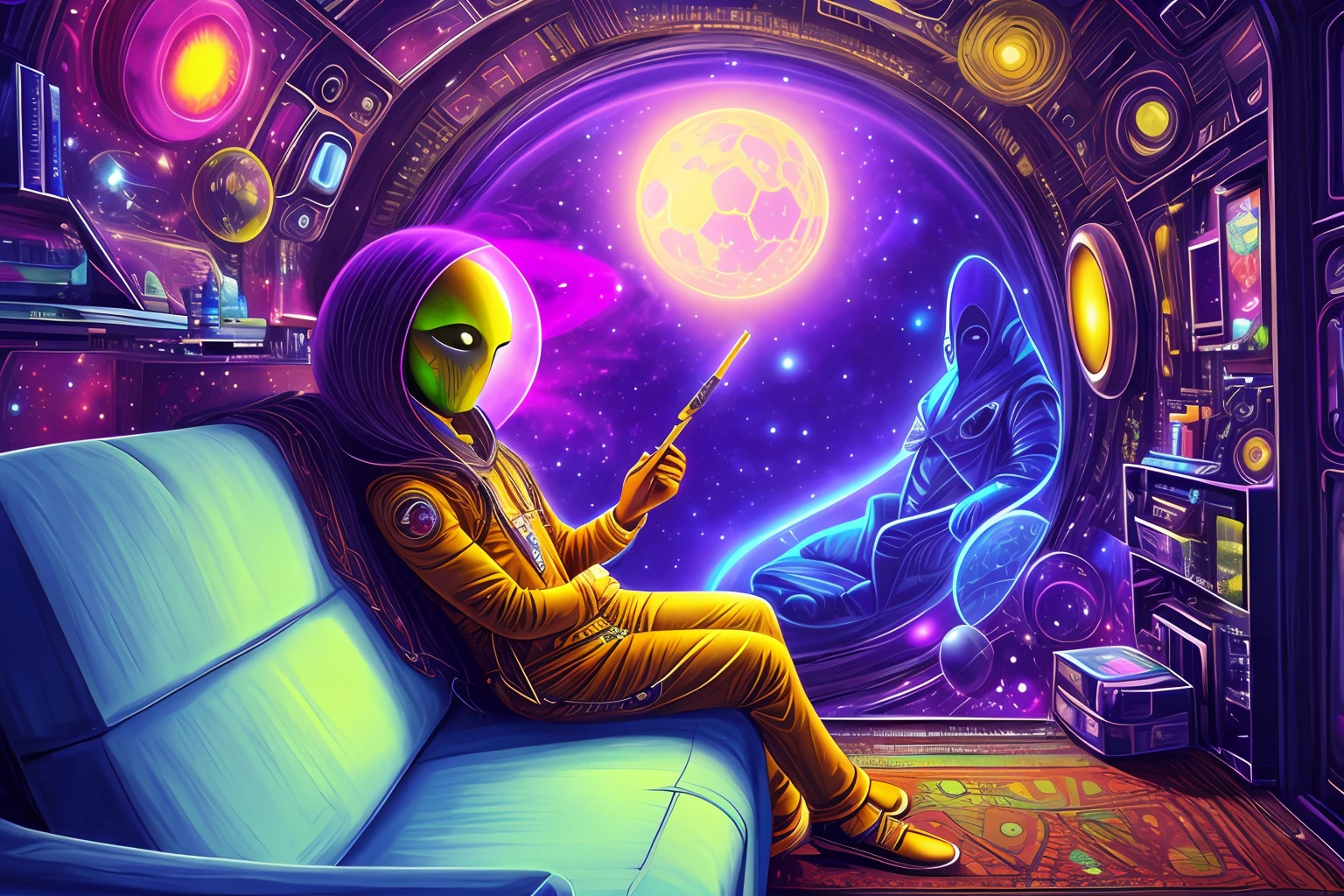 realistic alien, sitting on a dirty sofa, smoking marijuana, psychedelic environment, space, time travel