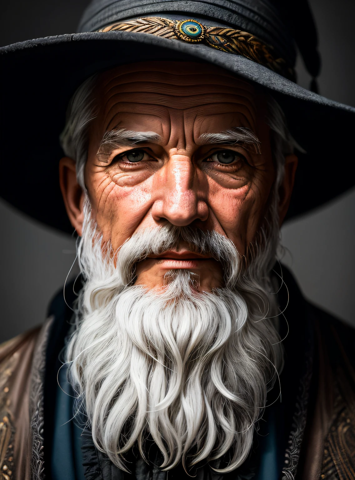 Um retrato de um mago, barbudo, enrugado, envelhecido, com olhos penetrantes, rosto detalhado, detalhes altos, fotografia, old hat, studio dark, luz de aro, Nikon D850, 50mm, f/1.4