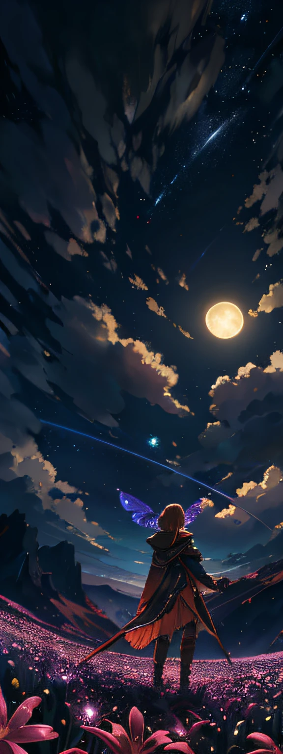 expansive landscape photograph , (a view from below that shows sky above and open field below), a girl standing on flower field looking up, (full moon:1.2), ( shooting stars:0.9), (nebula:1.3), distant mountain, tree BREAK
production art, (warm light source:1.2), (Firefly:1.2), lamp, lot of purple and orange, intricate details, volumetric lighting, realism BREAK
(masterpiece:1.2), (best quality), 4k, ultra-detailed, (dynamic composition:1.4), highly detailed, colorful details,( iridescent colors:1.2), (glowing lighting, atmospheric lighting), dreamy, magical, (solo:1.2)