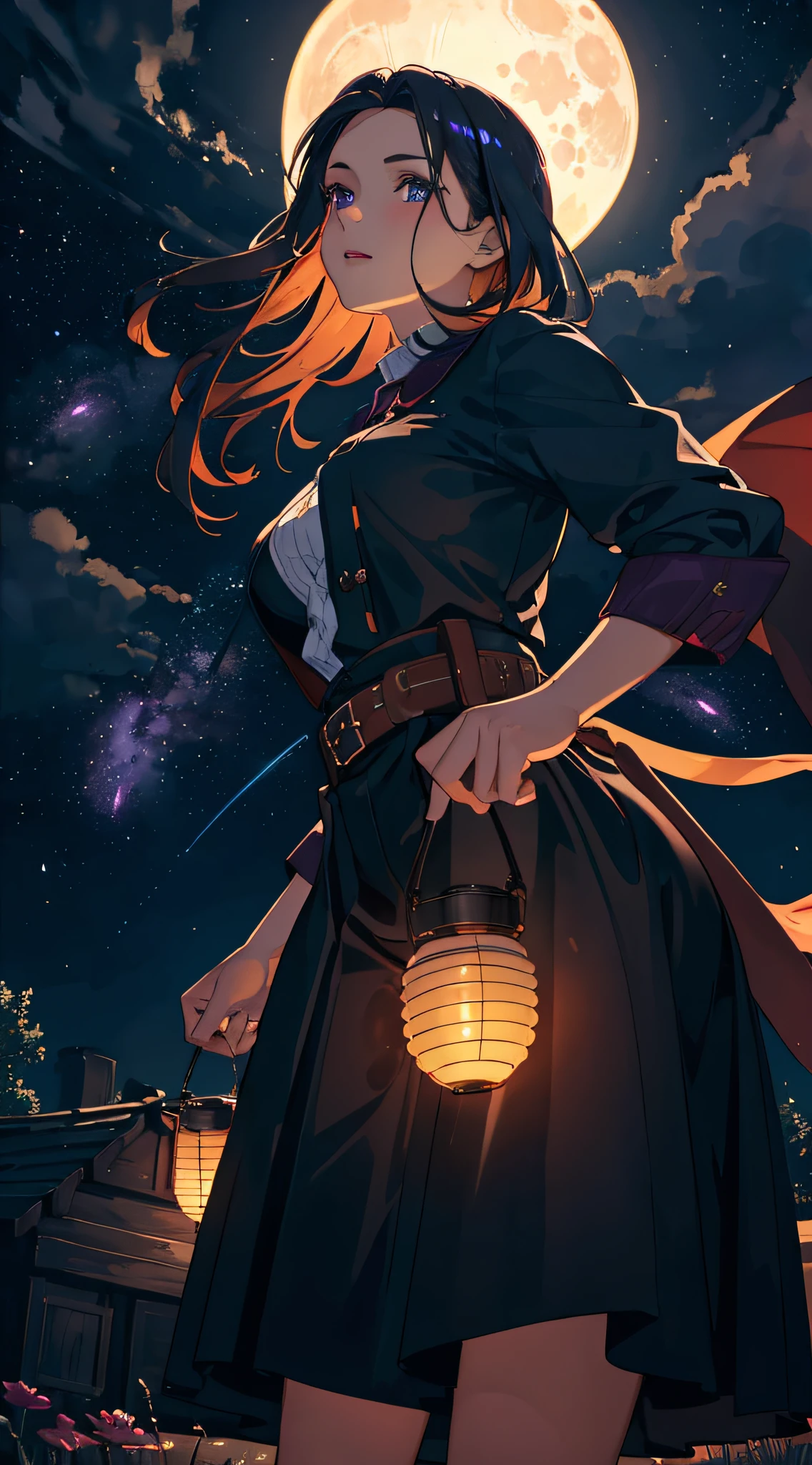expansive landscape photograph , (a view from below that shows sky above and open field below), a girl standing on flower field looking up, (full moon:1.2), ( shooting stars:0.9), (nebula:1.3), distant mountain, tree BREAK
production art, (warm light source:1.2), (Firefly:1.2), lamp, lot of purple and orange, intricate details, volumetric lighting, realism BREAK
(masterpiece:1.2), (best quality), 4k, ultra-detailed, (dynamic composition:1.4), highly detailed, colorful details,( iridescent colors:1.2), (glowing lighting, atmospheric lighting), dreamy, magical, (solo:1.2)