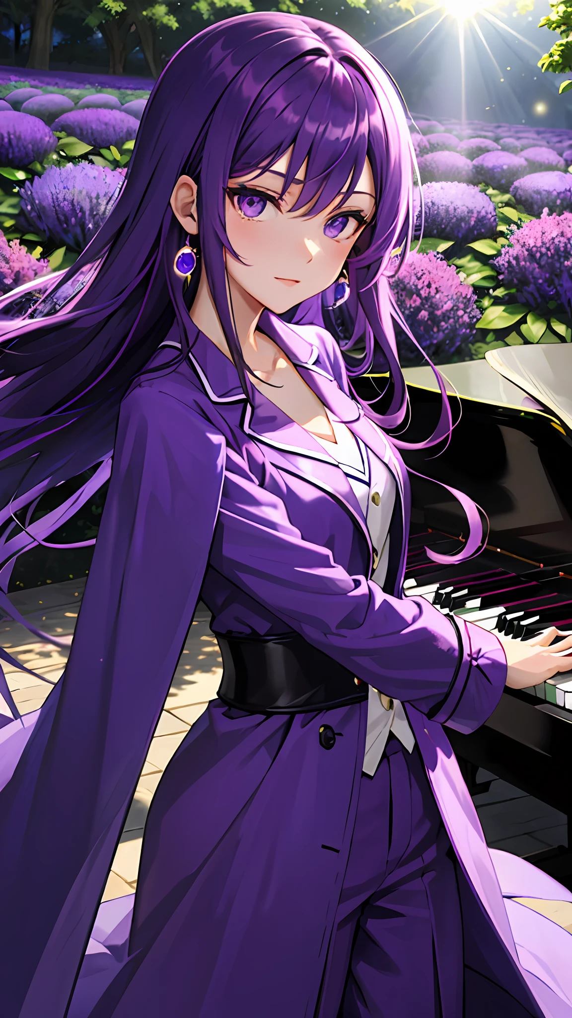 （tmasterpiece，best qualtiy：1.2），（looking at viewert），Nice face，purple color-theme，cowboy lens，rays of sunshine，Purple hair，a purple eye，Purple jewelry，nedium breasts，Violet Garden，Princess hairstyle，Purple pajamas，Purple coat，pianos