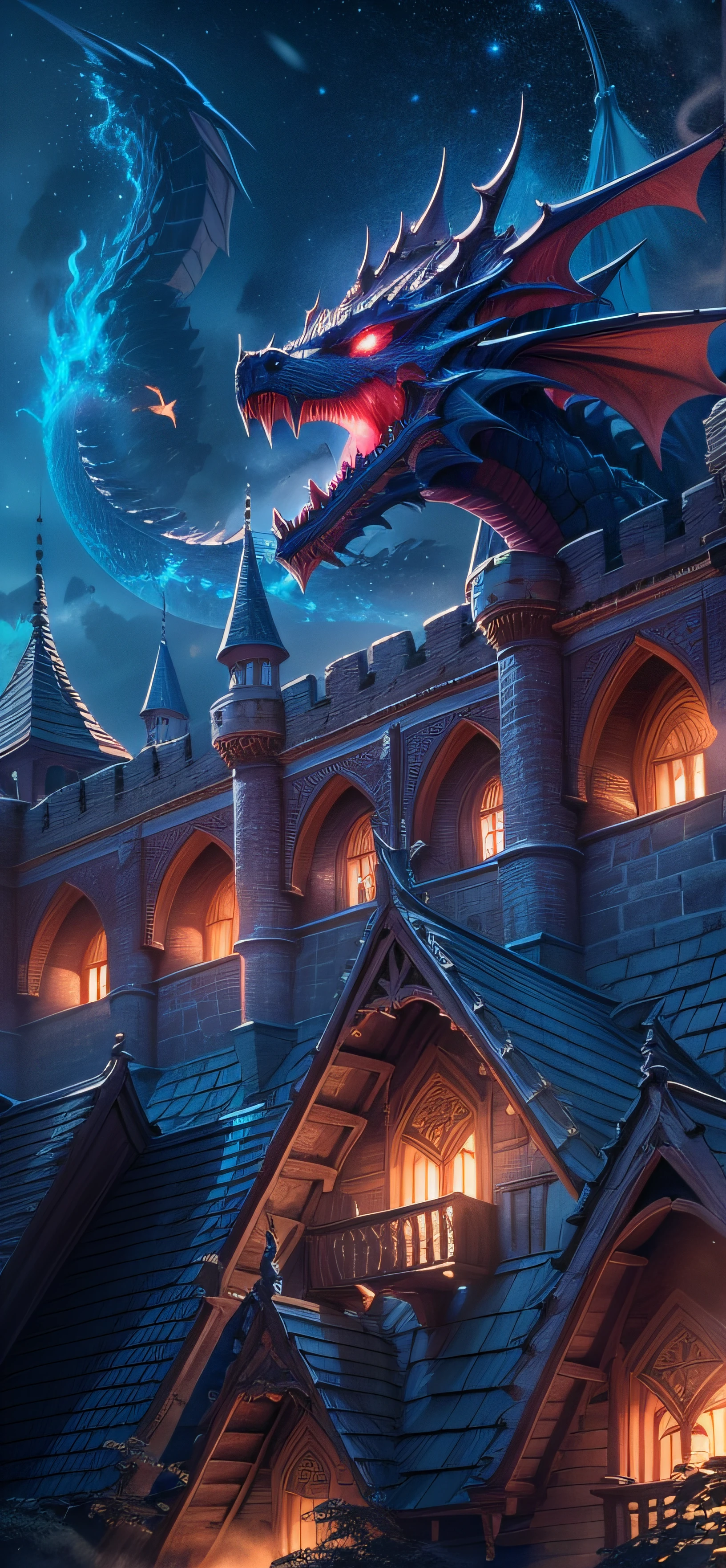 medievel castle surrounded by a blue flowing moat, dragons flying in the background breathing fire, detailed background, masterpiece, best quality, dark, night, glowing eyes, lens flare, bokeh, 4k, HDR, deep vibrant colors, starscape