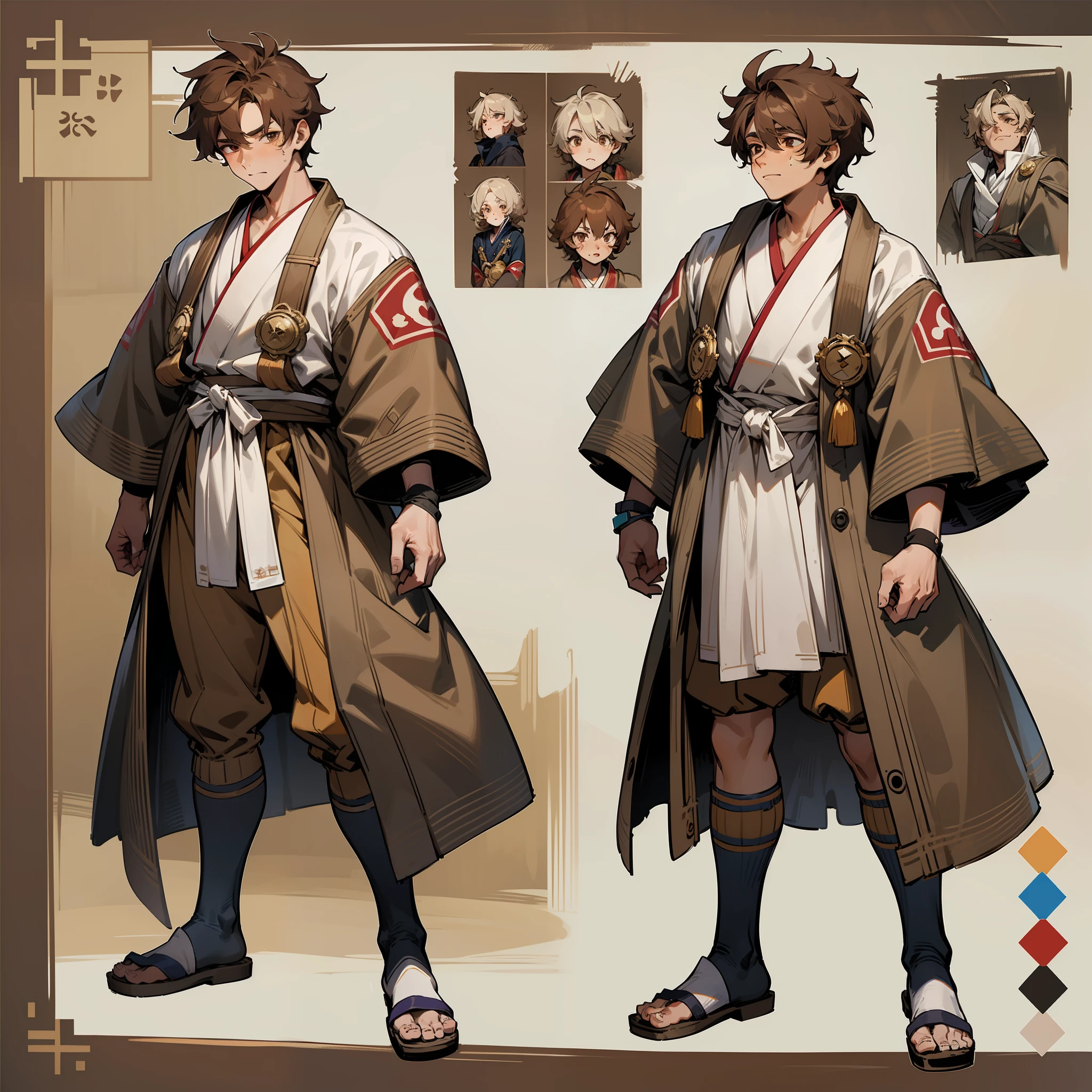 close up character design, multiple concept designs, concept design sheet, lean and agile ager with messy, chestnut-brown hair and warm hazel eyes that reflect his determination and kindness. average height, and his sun-kissed skin bears the marks of hard work and resilience. well-toned physique, traditional village robes