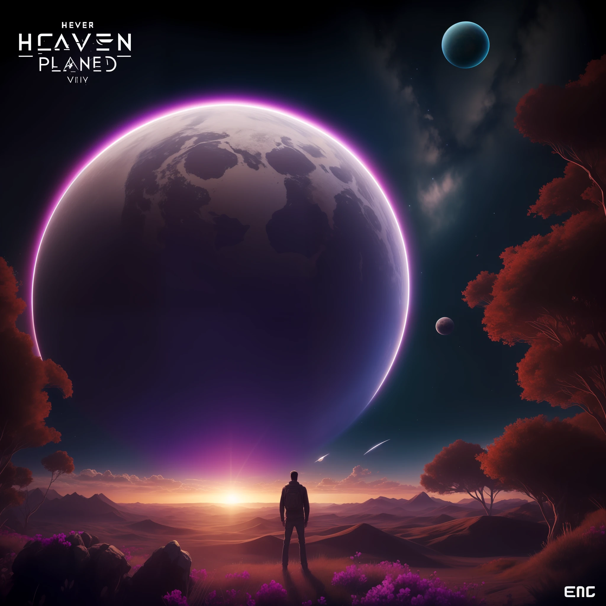 purple planet with a man standing in front of it, Planeta violeta, album cover concept art, Arte Oficial, colored album art, music album art, visuais de outro mundo, Travis Scott voando sobre a Terra, Obra-prima de Beeple, Epic album cover, Beeple e Jeremias Ketner, Epic Music album cover, heaven planet in background