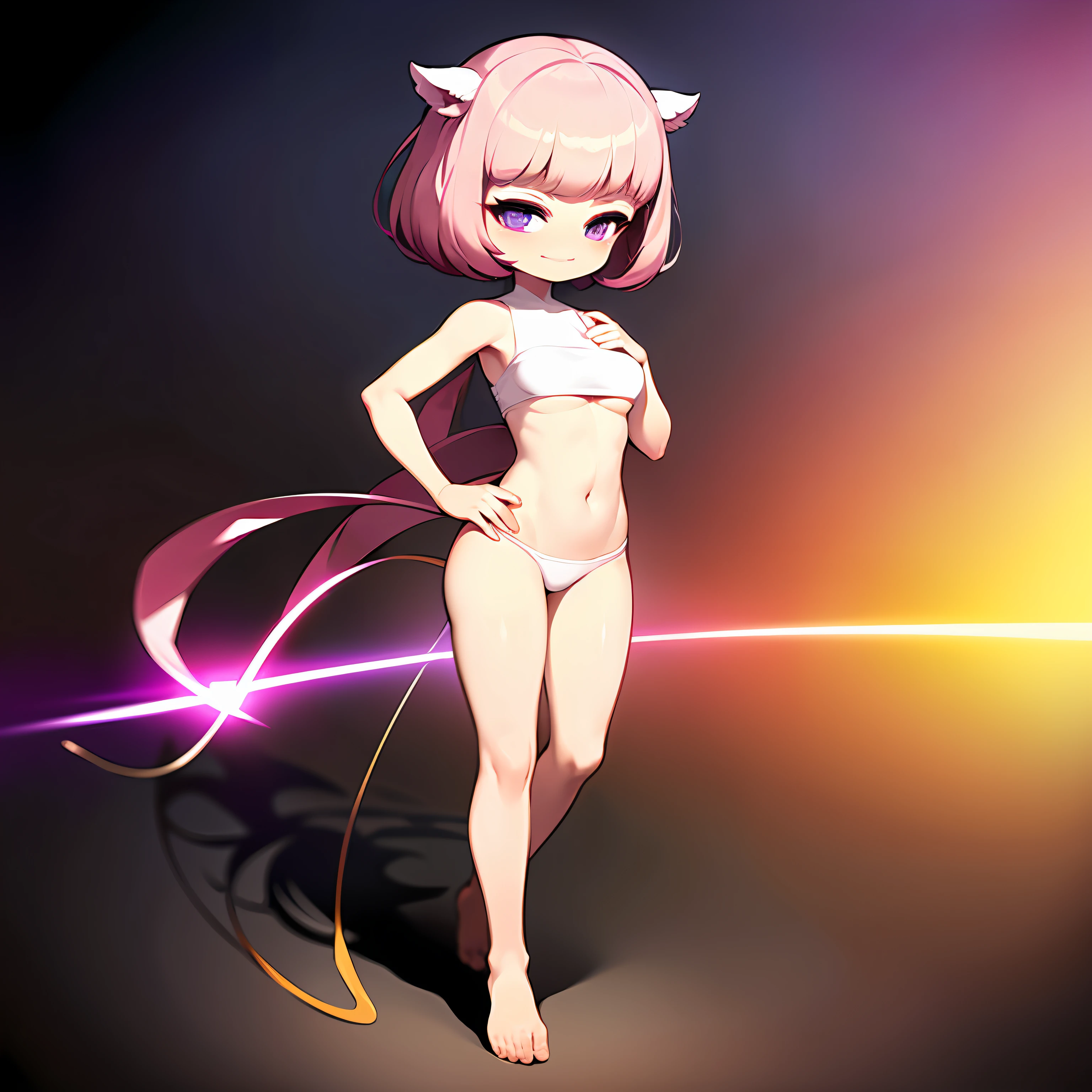 8K, ultraclear,k hd,1 girl, ssmile, short detailed hair, (No background:1.2),(((brassier))),(((pantiess))),medium boob,((Expose the lateral chest)),A pink-haired, Purple eye, Sideburns, ssmile, (((Full-body standing))),((Walking posture)),((Walking posture)),The finger contours are super clear,Clear fingers:1.5),((Clear legs)),(((Q version of cartoon))),((Front side lens))