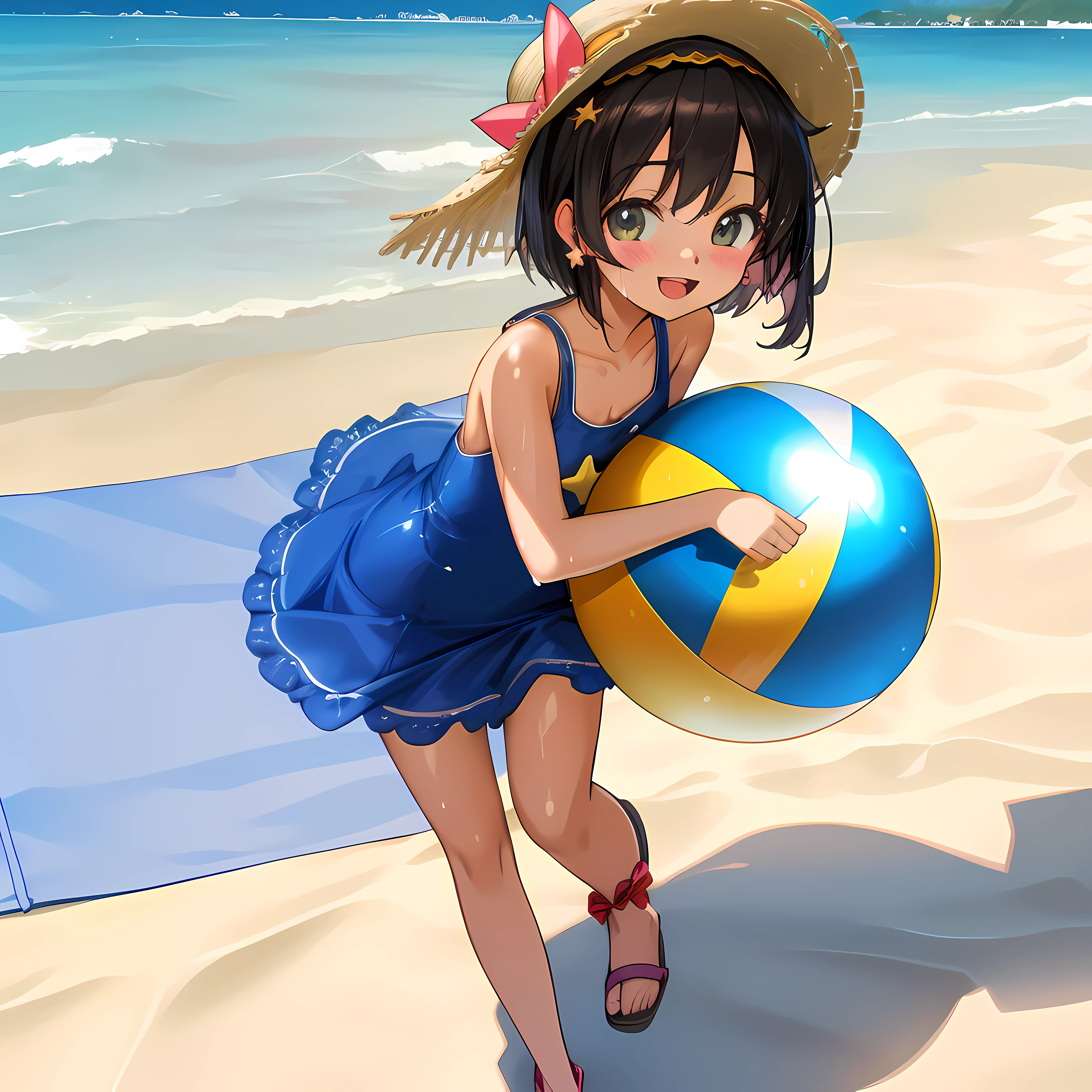 (Highly detailed CG Unity 8k wallpaper), (Best Quality), (Super Detail), (Best Illustration), (Best Shadow), POV, Realistic lighting and shading, Natural light, Lens flare effect, BREAK, 1 beautiful girl, Solo,(Cute:1.5),(Chibi:0.8), (kawaii:1.5),(Lori:0.5), BREAK, ((girl, Cute, Cheerful, Loli face, slightly bulging chest,(A dark-haired,a short bob,tareme:1.2), gleaming skin, Stuffed rabbit,BREAK,Black Bunny Years Hair Band,(Wet Casual Beachwear:1.2), (lightweight summer one-piece dress:1.2), (a straw fedora hat:1.0), (flipflops:1.0), (star-shaped earring:1.1), (Lace headband:1.0), (Cute Accessories:1.3), (self-satisfied look :D:1.1), (Casual pose, Walking:1.3), (Beach background:1.3), (Holding a beach ball:1.1), BREAK,🌇,