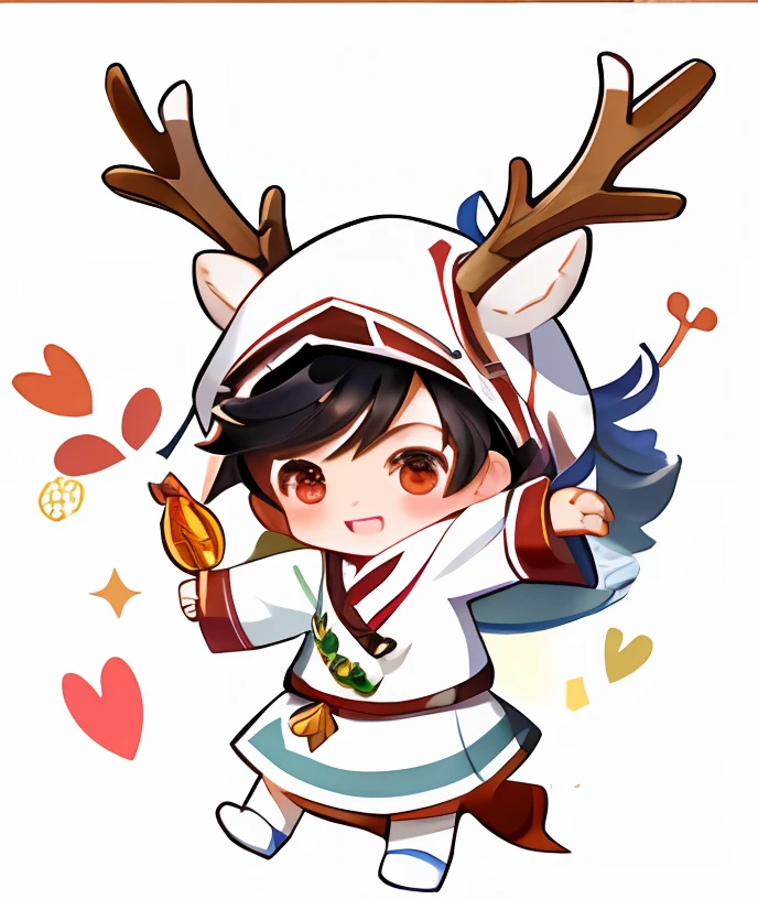 One was dressed in white,Cartoon boy with antlers on his head, inspired by Wuzhun Shifan, Ruan cute vtuber, With antlers, full body mascot, deers, Wearing a deer costume, character art of maple story, Cute boy, Cute cartoon, MapleStory, Deer in suit, Cute cartoon character