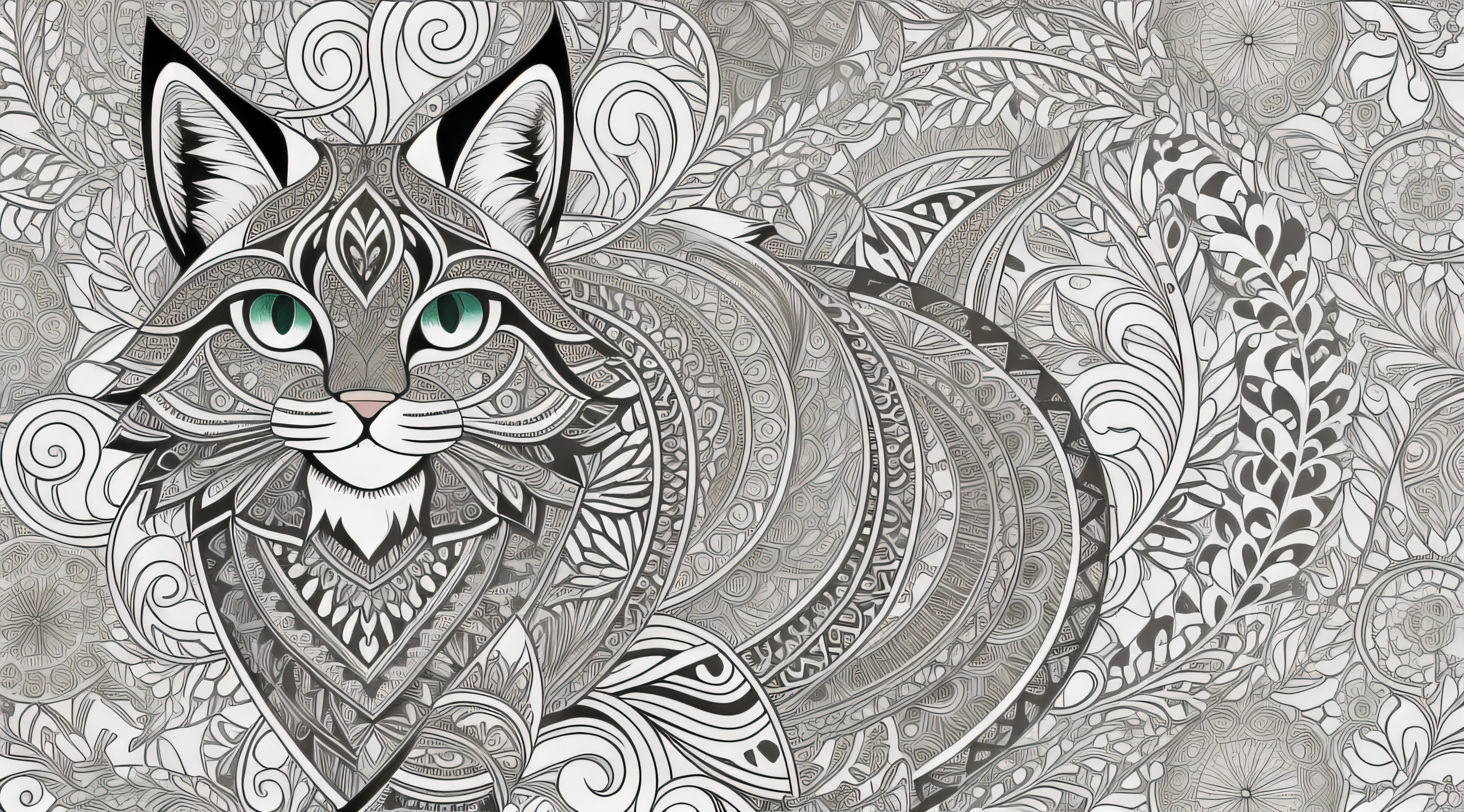 Livro para colorir para adultos, Linhas conectadas, simetria, um desenho preto e branco de um gato com olhos verdes, gato detalhado, Anthropomorphic Large M..aine Coon, arte vetorial altamente detalhada, Highly detailed illustration, design do gato, anthropomorphic lynx, highly detailed and hypnotic, pelo intrincado detalhado, high detailed illustration, Fluffy Cat T - Design de camisa, arte vetorial em preto e branco, Highly detailed illustration. trabalho de linha grossa, Great standards, negative space, thick pattern, sem fundo preto, Cute forest pattern background, desenho, nenhuma parte colorida, Efeito mandala, mandala, arte de linha fina de tinta estilizada, vetor, Adobe Illustrator, .....eps, African pattern, tela cheia, Screen proportional, --Estilo "Inspirado em Johanna Basford", --artistic_Level "High", --livro "Livros Secretos", criar_....ai_Colorir_livro, --AR 16:9 --upbeta --s 750"