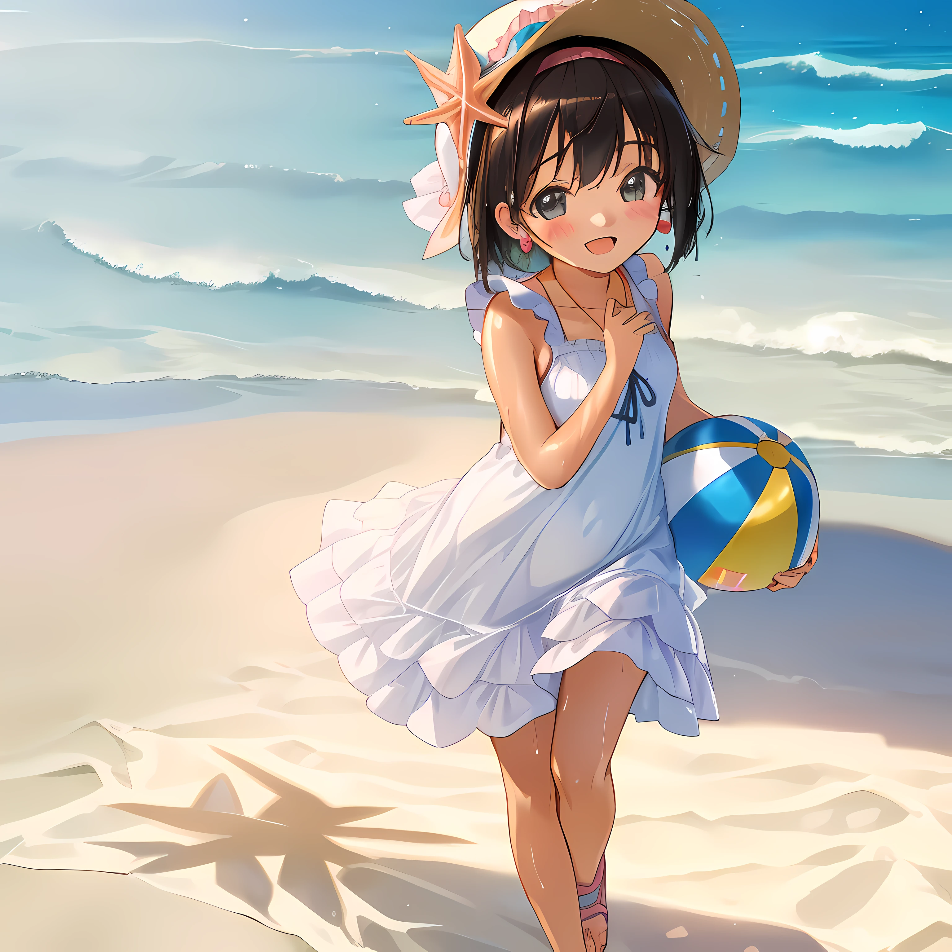 (Highly detailed CG Unity 8k wallpaper), (Best Quality), (Super Detail), (Best Illustration), (Best Shadow), POV, Realistic lighting and shading, Natural light, Lens flare effect, BREAK, 1 beautiful girl, Solo,(Cute:1.5),(Chibi:0.8), (kawaii:1.5),(Lori:0.5), BREAK, ((girl, Cute, Cheerful, face, slightly bulging chest,(A dark-haired,a short bob,tareme:1.2), gleaming skin, Stuffed rabbit,BREAK,Black Bunny Years Hair Band,(Wet Casual Beachwear:1.2), (lightweight summer one-piece dress:1.2), (a straw fedora hat:1.0), (flipflops:1.0), (star-shaped earring:1.1), (Lace headband:1.0), (Cute Accessories:1.3), (self-satisfied look :D:1.1), (Casual pose, Walking:1.3), (Beach background:1.3), (Holding a beach ball:1.1), BREAK,🌇,