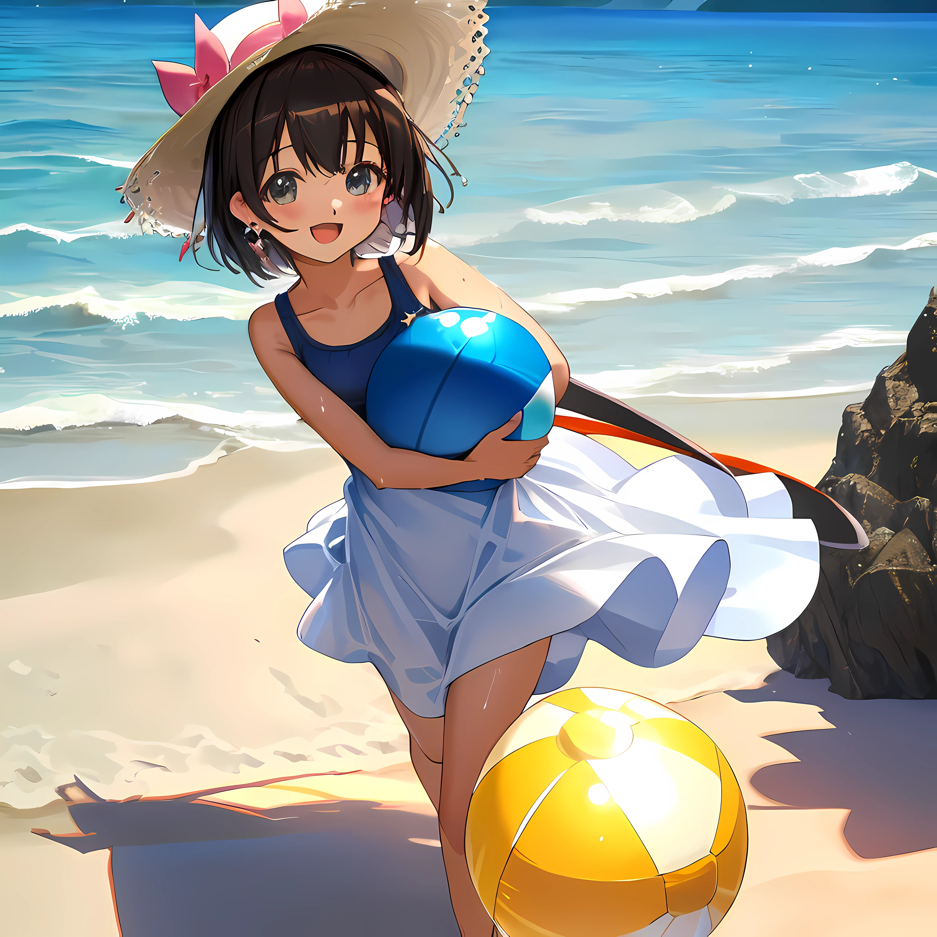 (Highly detailed CG Unity 8k wallpaper), (Best Quality), (Super Detail), (Best Illustration), (Best Shadow), POV, Realistic lighting and shading, Natural light, Lens flare effect, BREAK, 1 beautiful girl, Solo,(Cute:1.5),(Chibi:0.8), (kawaii:1.5),(Lori:0.5), BREAK, ((girl, Cute, Cheerful, Loli face, slightly bulging chest,(A dark-haired,a short bob,tareme:1.2), gleaming skin, Stuffed rabbit,BREAK,Black Bunny Years Hair Band,(Wet Casual Beachwear:1.2), (lightweight summer one-piece dress:1.2), (a straw fedora hat:1.0), (flipflops:1.0), (star-shaped earring:1.1), (Lace headband:1.0), (Cute Accessories:1.3), (self-satisfied look :D:1.1), (Casual pose, Walking:1.3), (Beach background:1.3), (Holding a beach ball:1.1), BREAK,🌇,