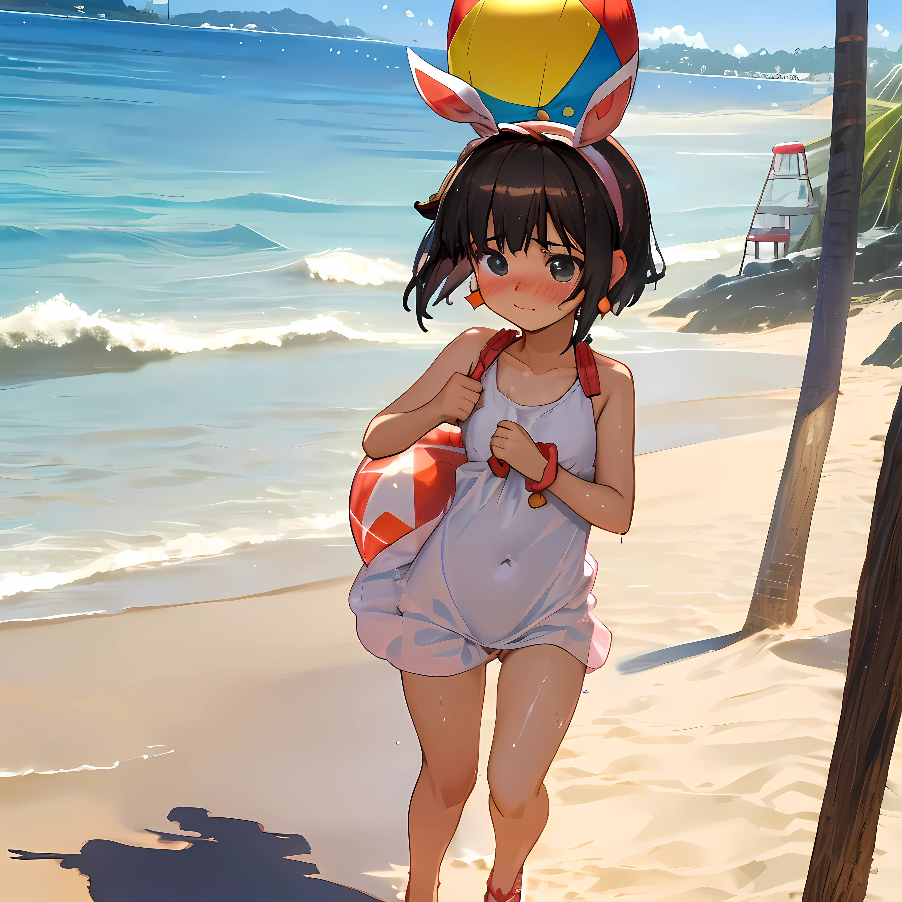 (Highly detailed CG Unity 8k wallpaper), (Best Quality), (Super Detail), (Best Illustration), (Best Shadow), POV, Realistic lighting and shading, Natural light, Lens flare effect, BREAK, 1 beautiful girl, Solo,(Cute:1.5),(Chibi:0.8), (kawaii:1.5),(Lori:0.5), BREAK,  ((girl, Cute, Cheerful, Loli face, slightly bulging chest,(A dark-haired,a short bob,tareme:1.2), gleaming skin, Stuffed rabbit,BREAK,(Wet Casual Beachwear:1.2), (lightweight summer one-piece dress:1.2), (Black Bunny Years Hair Band:1.0), (flipflops:1.0), (star-shaped earring:1.1), (Lace headband:1.0), (Cute Accessories:1.3), (embarrassed,hiding the chest,red blush:1.1), (Guts Pose, Walking:1.3), (Beach background:1.3), (Holding a beach ball:1.1), BREAK,👨,