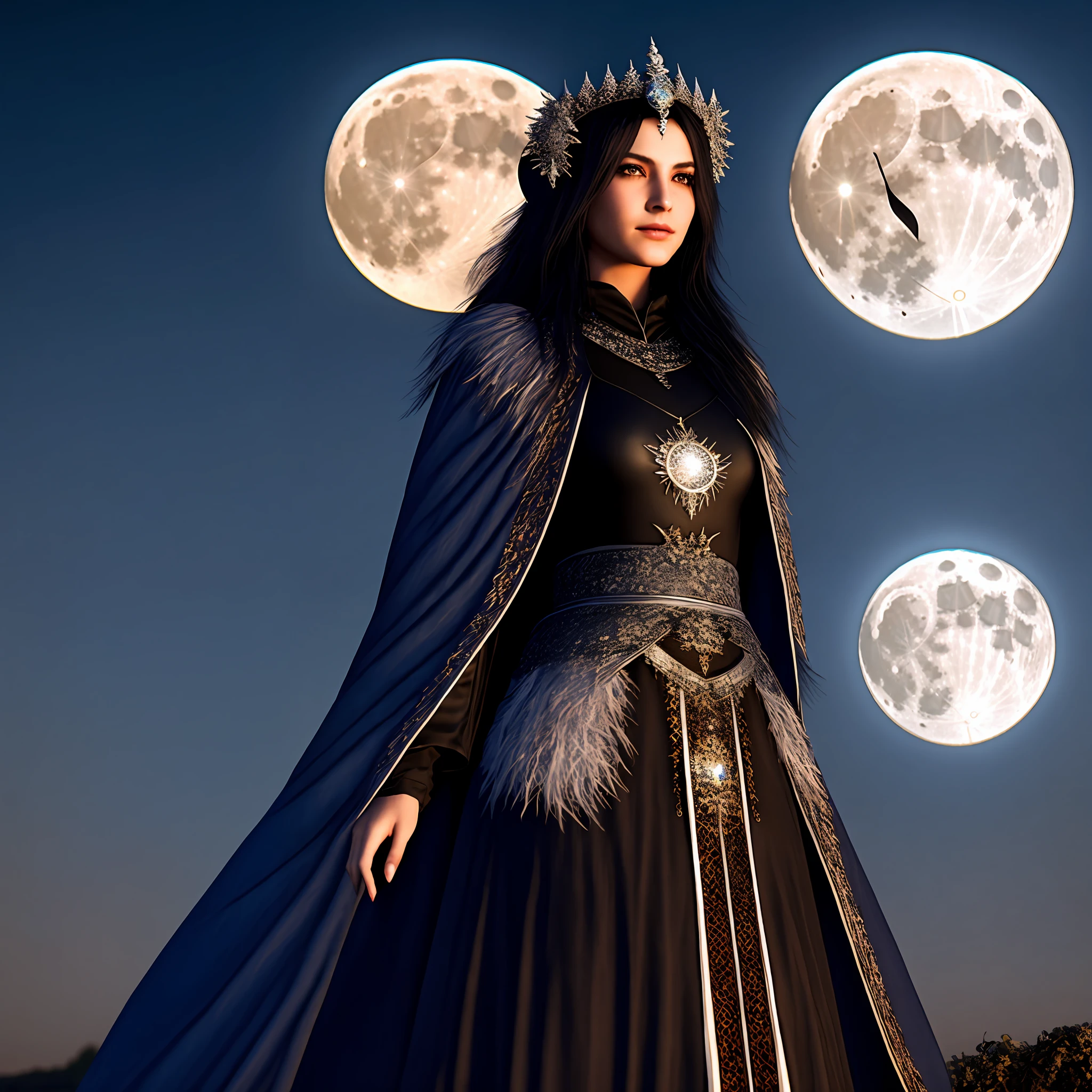 Ultra realistic, one moon sorceress, one female sorceress infront of a full moon, black hair, white fringe, black and white hair, brown eyes, blue and silver clothes, blue silver dress, blue cloak, moon sorceress, full moon, moon goddess