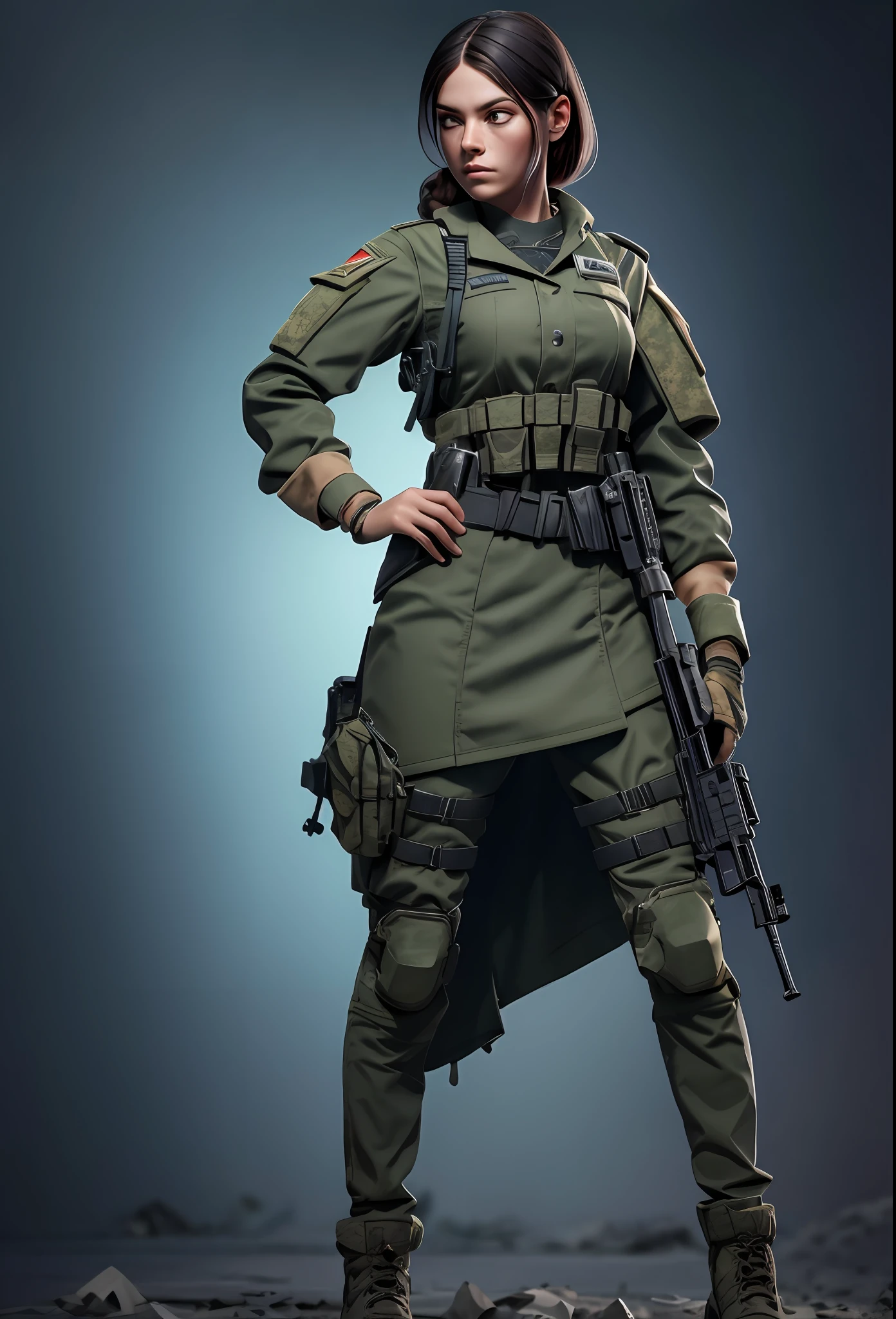 An envy military soldier woman, holding a pistol, turned sideways as shes looking over her shoulder in a disgusted way, the sin of envy in her eyes, torn and bloody from war filled with blood and dirt, Bloody (8k, RAW photo, best quality, masterpiece:1.2), ultra detailed, official art, photo-realistic:1.37, film grain, octane render, high quality render, full body portrait