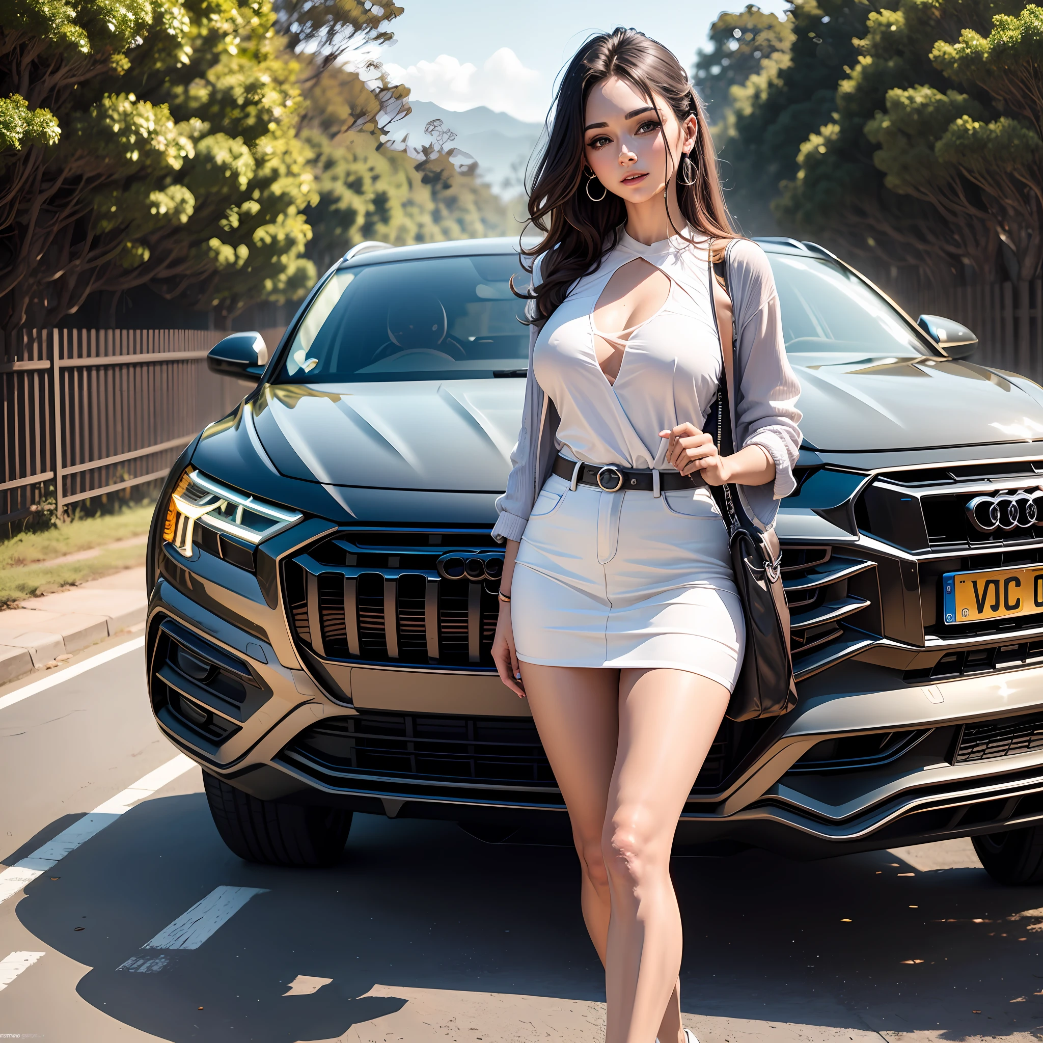 Carro modelo Audi Q8 na estrada com muito dinheiro caindo e uma bela mulher ao lado --auto