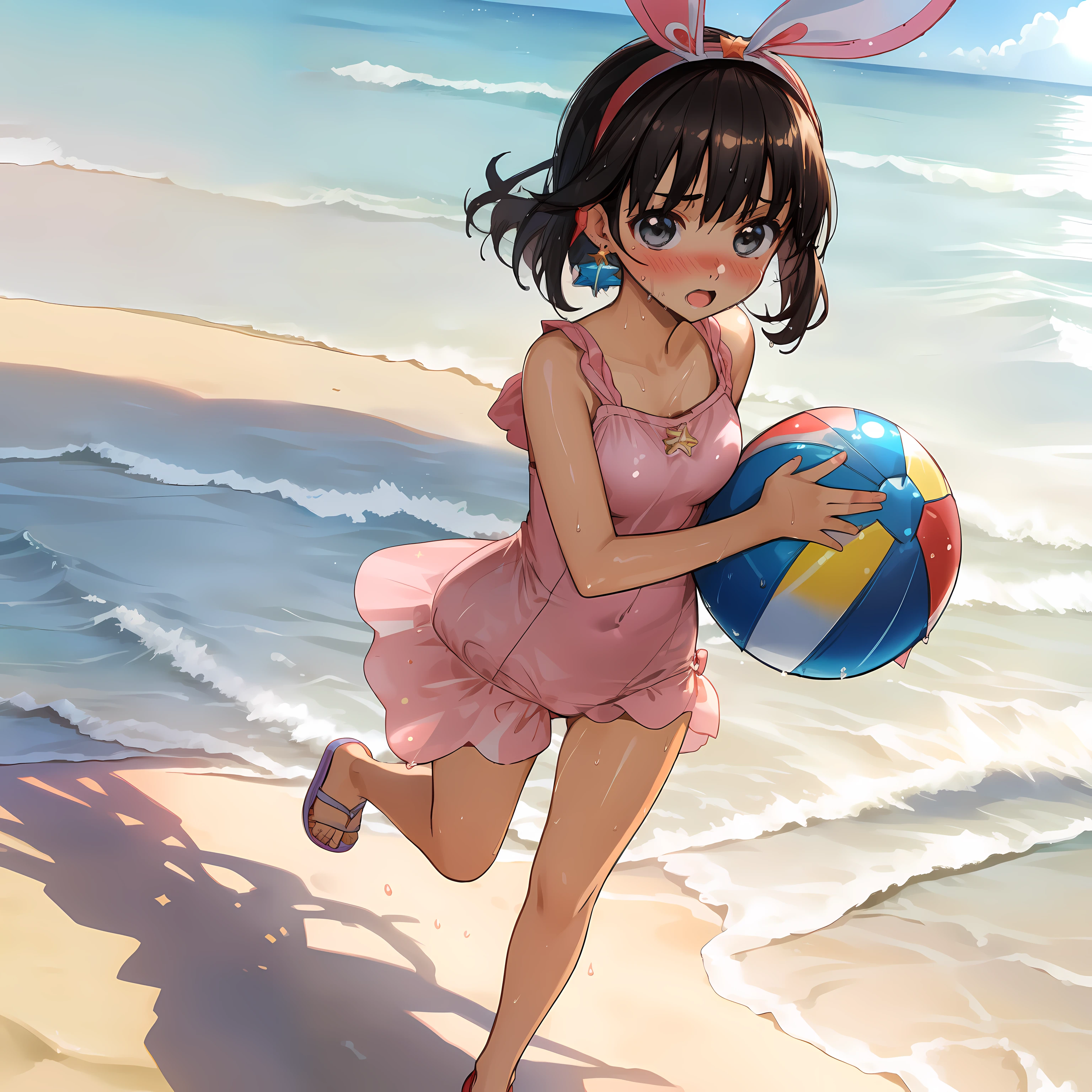 (Highly detailed CG Unity 8k wallpaper), (Best Quality), (Super Detail), (Best Illustration), (Best Shadow), POV, Realistic lighting and shading, Natural light, Lens flare effect, BREAK, 1 beautiful girl, Solo,(Cute:1.5),(Chibi:0.8), (kawaii:1.5),(Lori:0.5), BREAK, ((girl, Cute, Cheerful, face, slightly bulging chest,(A dark-haired,a short bob,tareme:1.2), gleaming skin, Stuffed rabbit,BREAK,(Wet Casual Beachwear:1.2), (lightweight summer one-piece dress:1.2), (Black Bunny Years Hair Band:1.0), (flipflops:1.0), (star-shaped earring:1.1), (Lace headband:1.0), (Cute Accessories:1.3), (embarrassed,hiding the chest,red blush:1.1), (Guts Pose, Walking:1.3), (Beach background:1.3), (Holding a beach ball:1.1), BREAK,👨,
