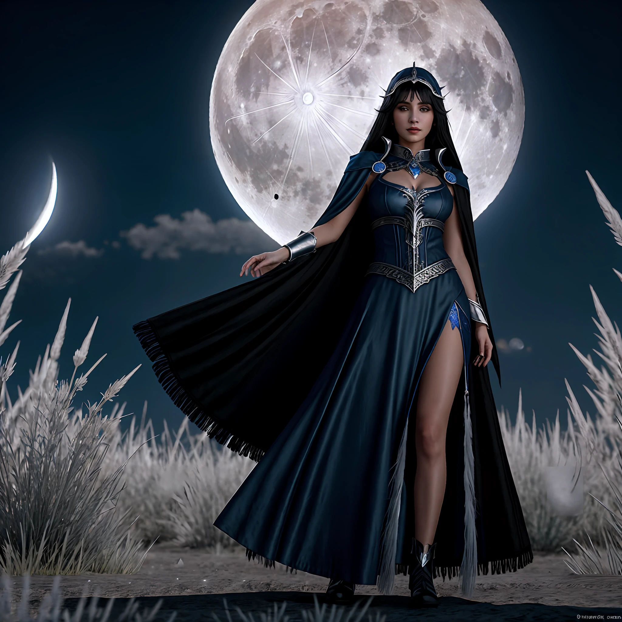 Ultra realistic, one moon sorceress, one female sorceress infront of a full moon, black hair, white fringe, black and white hair, brown eyes, blue and silver clothes, blue silver dress, blue cloak, moon sorceress, full moon, moon goddess