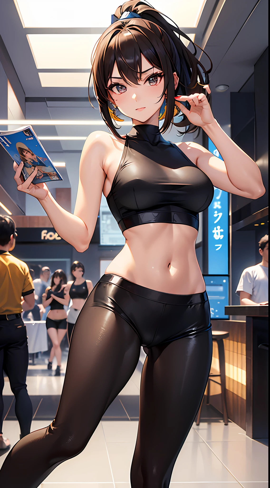 ((Masterpiece)), best quality, absurderes, ultra detailed, holographic, cowboy shot, dynamic pose, golden ratio, super cute girl, mature girl, extremely beautiful, super beautiful asian girl with super beautiful brown shiny eyes, super petite and sexy body, super beautiful legs, super beautiful brown multicolored short hair, high ponytail, shiny and super beautiful skin, nice and sexy body, slim and delicate body, perfect body, wearing a super tight black short sleeve crop top, bare shoulders, super tight translucid black leggings, hot panties, fox hairband, being photographed in a popular kawaii food court
