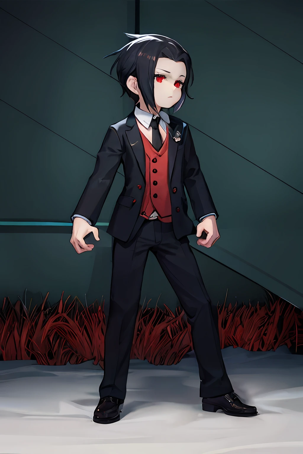 there is a image of a man in a suit and tie, red eyes, wearing a black wedding suit, wearing fantasy formal clothing, wearing tuxedo, wearing a tuxedo, dark suit, dapper dream demon, in a strict suit, wearing a strict business suit, ingame image, in strict suit, wearing black suit, he is wearing a suit, tuxedo, wearing a black suit,