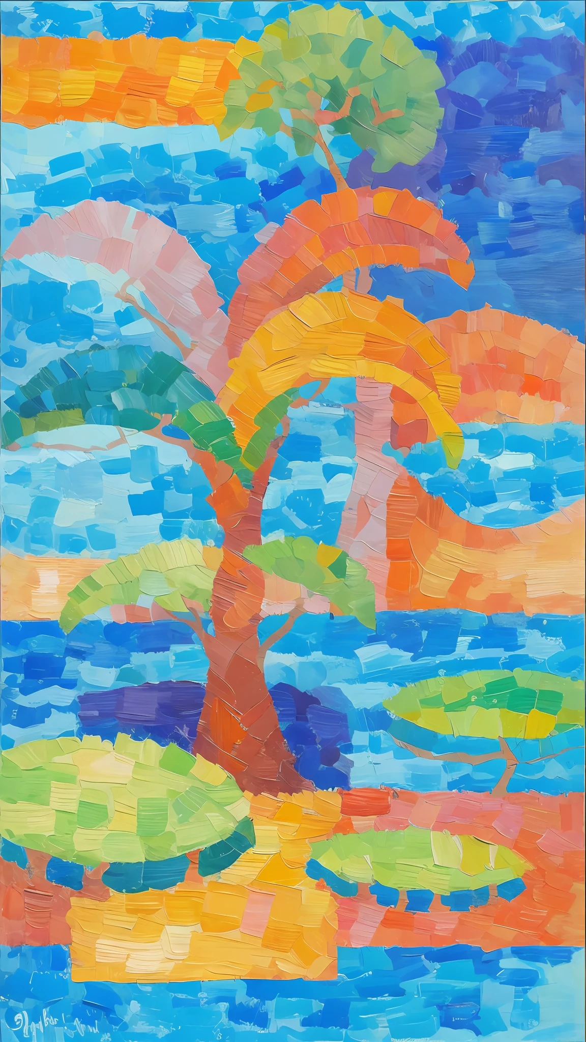painting of a palm tree with a blue sky and water, Uma paisagem tropical abstrata, cubism painting of a tree, inspired by Tarsila do Amaral, vibrant gouache painting scenery, Estilo fauvismo, vivid abstract landscape, aquarela vibrante e divertida, inspirado em David Hockney, feito no estilo de Matisse, Vibrant composition and color, landscape of geometric shapes