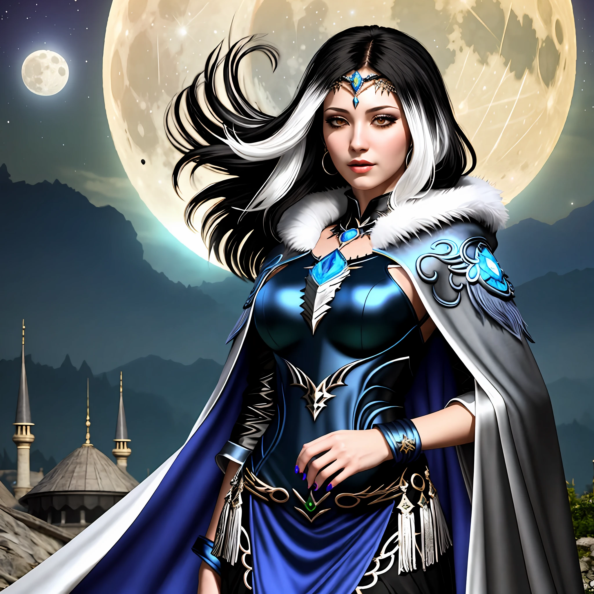 Ultra realistic, one moon sorceress, one female sorceress infront of a full moon, black hair, white fringe, black and white hair, brown eyes, blue and silver clothes, blue silver dress, blue cloak, moon sorceress, full moon, moon goddess