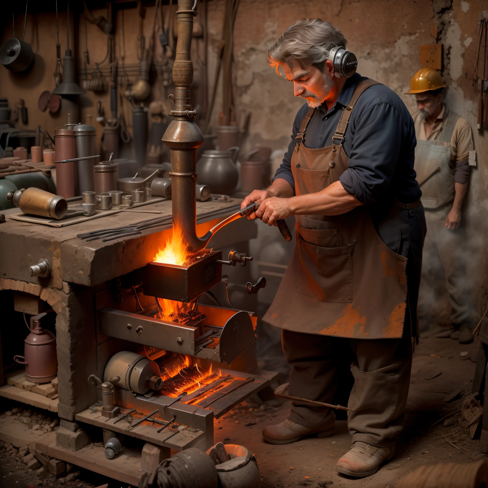 ferreiro em uma forja" Entre em uma forja de ferreiro tradicional, where the skilled craftswoman Eleanor, em seu robusto traje de trabalho, forge metal with precision. The orange glow of the furnace and the rhythmic sound of the hammer illustrate the essential role of the craftsmen of the time.