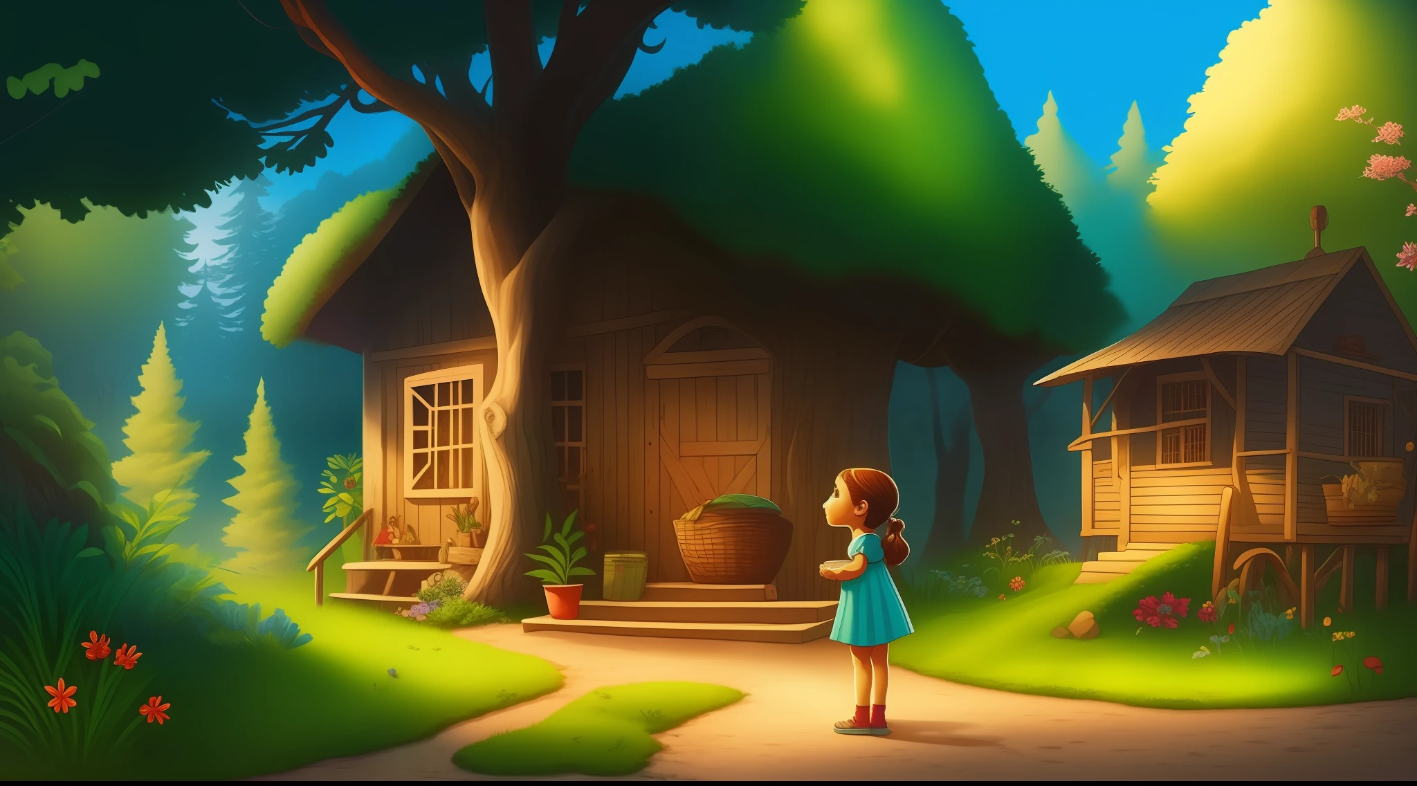 Scene from a children's story: Era uma vez uma doce e curiosa menina chamada Clara, who lived with his parents in a small house on the edge of the forest. Clara sempre foi uma menina muito obediente, mas, um dia, sua curiosidade a levou a desobedecer uma importante regra de seus pais: never enter the enchanted forest that was just behind his house.
