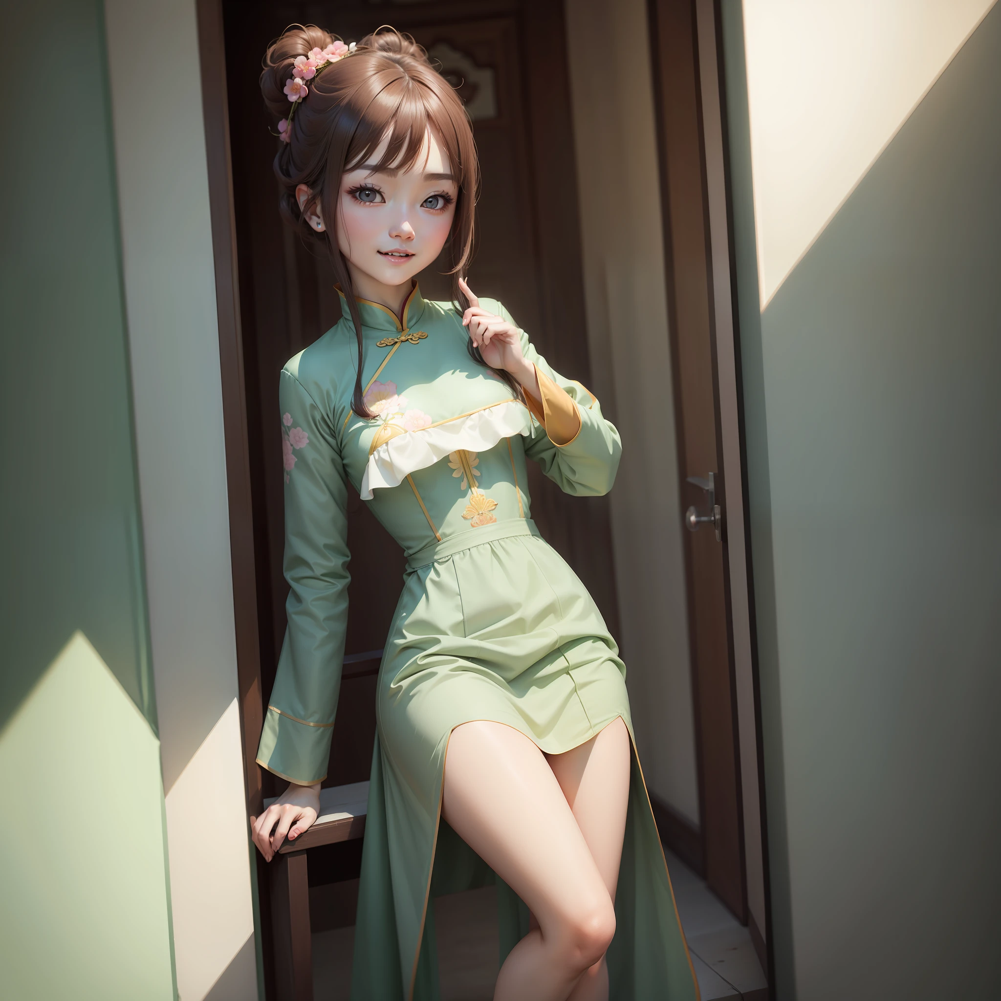 brunette color hair,Chinese classical,Beautiful apricot eyes,Pink cheeks,Natural laughter